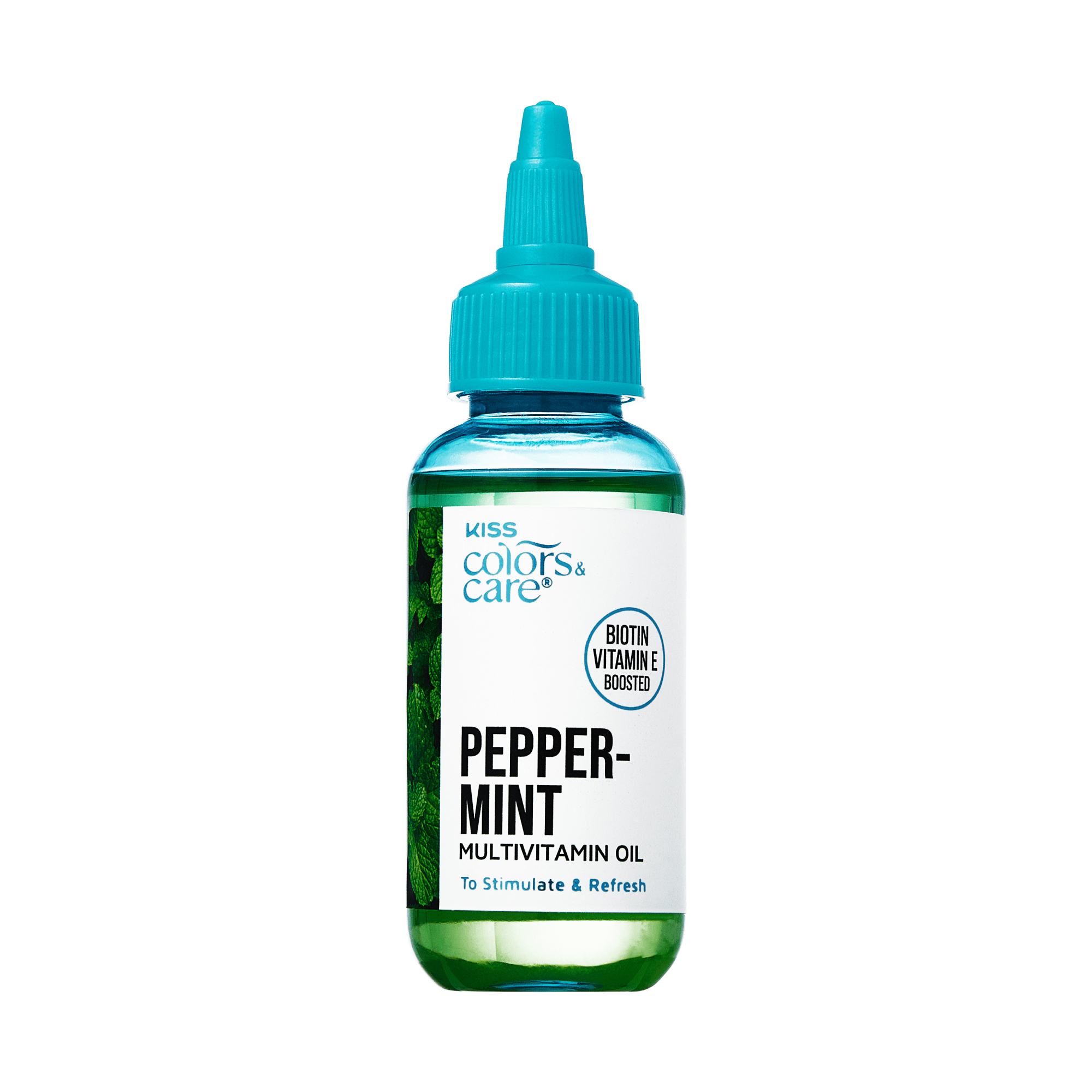 Clear green bottle with teal dropper cap labeled "KISS Colors & Care Peppermint Multivitamin Oil," highlighting biotin and vitamin E, and stating "To Stimulate & Refresh."
