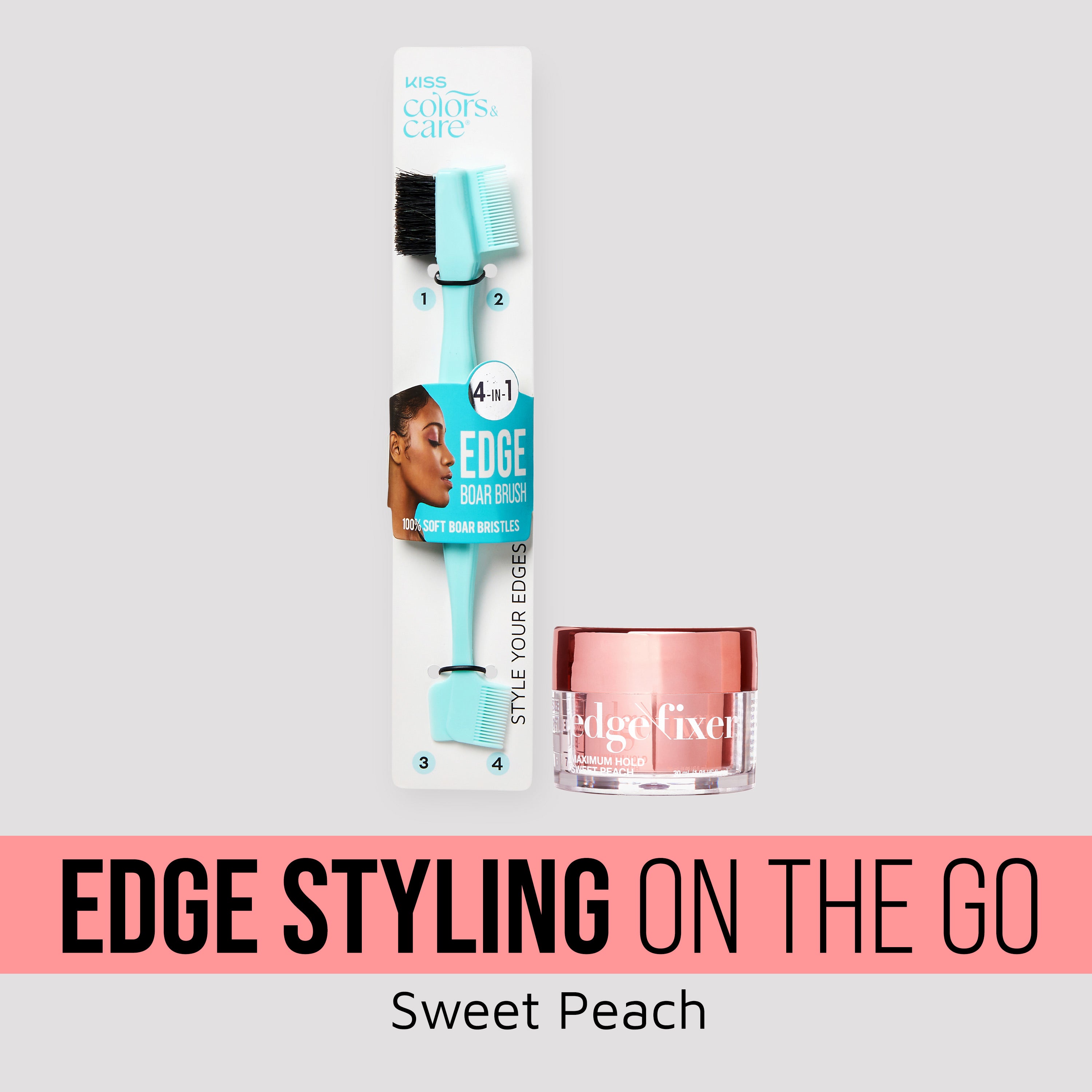 KISS Colors & Care Edge Styling On the Go Bundle includes a 4-in-1 turquoise edge boar brush and a sweet peach edge fixer jar, with "Edge Styling On the Go" text.
