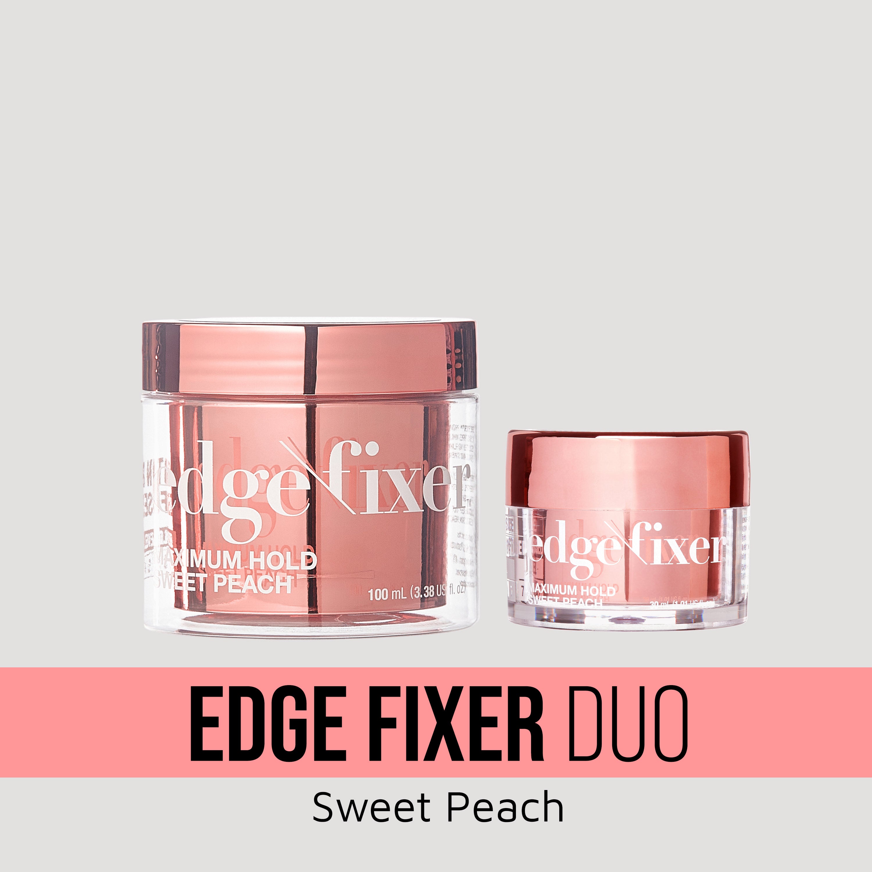 Two KISS Colors & Care Edge Fixer jars in rose gold and clear packaging, labeled "Maximum Hold Sweet Peach." Text: "EDGE FIXER DUO Sweet Peach."