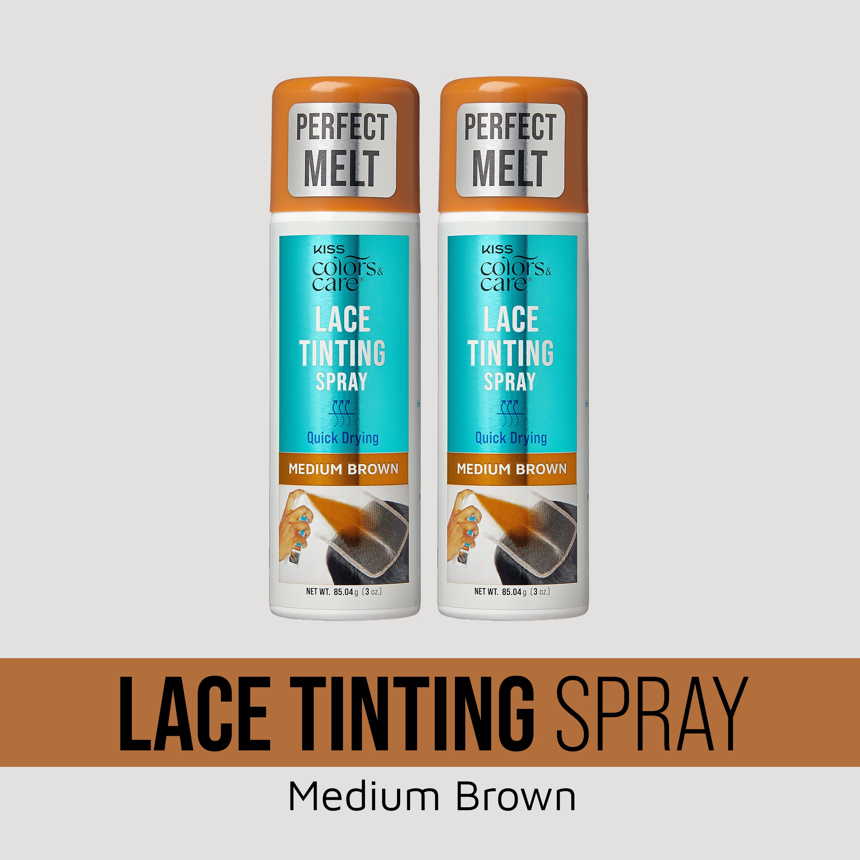 Two bottles of KISS Colors & Care Lace Tinting Spray in medium brown with orange caps labeled "Perfect Melt," shown with a spray illustration.