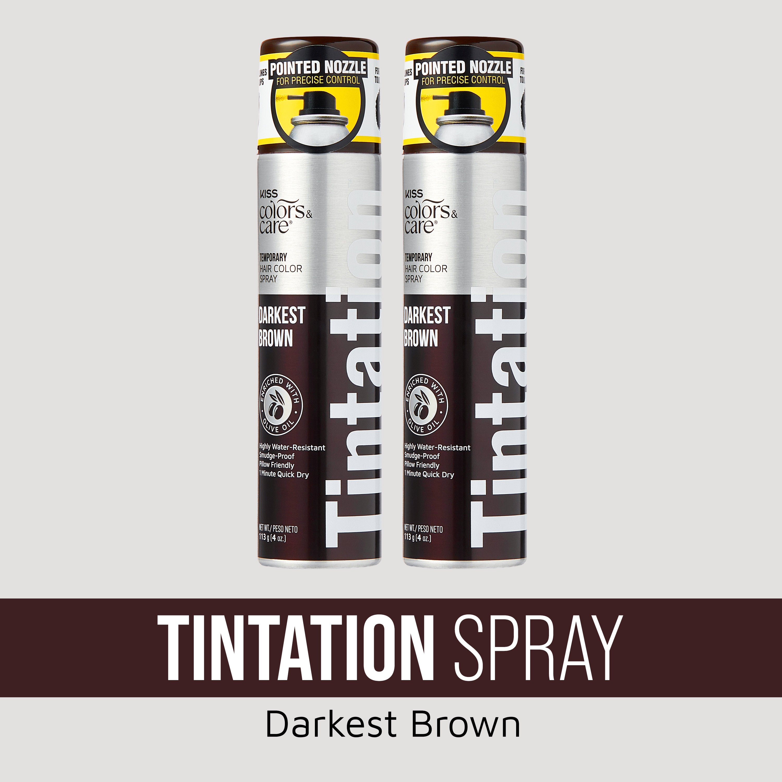 Two silver and dark brown cans of KISS Colors & Care Tintation Spray in Darkest Brown, with pointed nozzle for precise control.