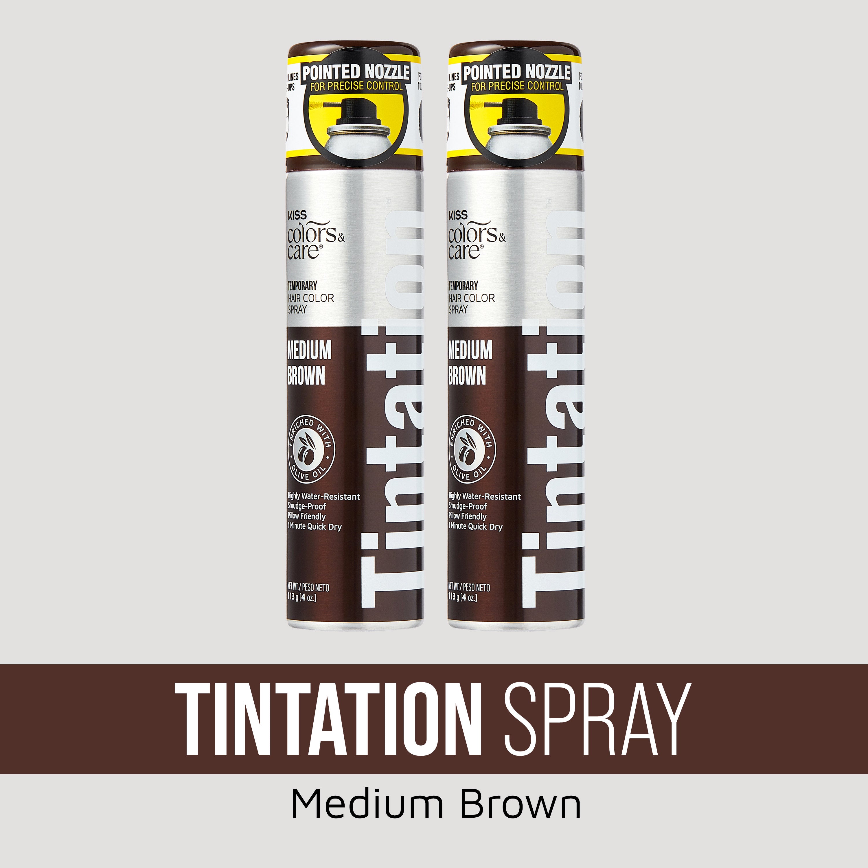 Two silver and brown cans of KISS Colors & Care Tintation Spray in Medium Brown, featuring a pointed nozzle for precise control, enriched with olive oil.