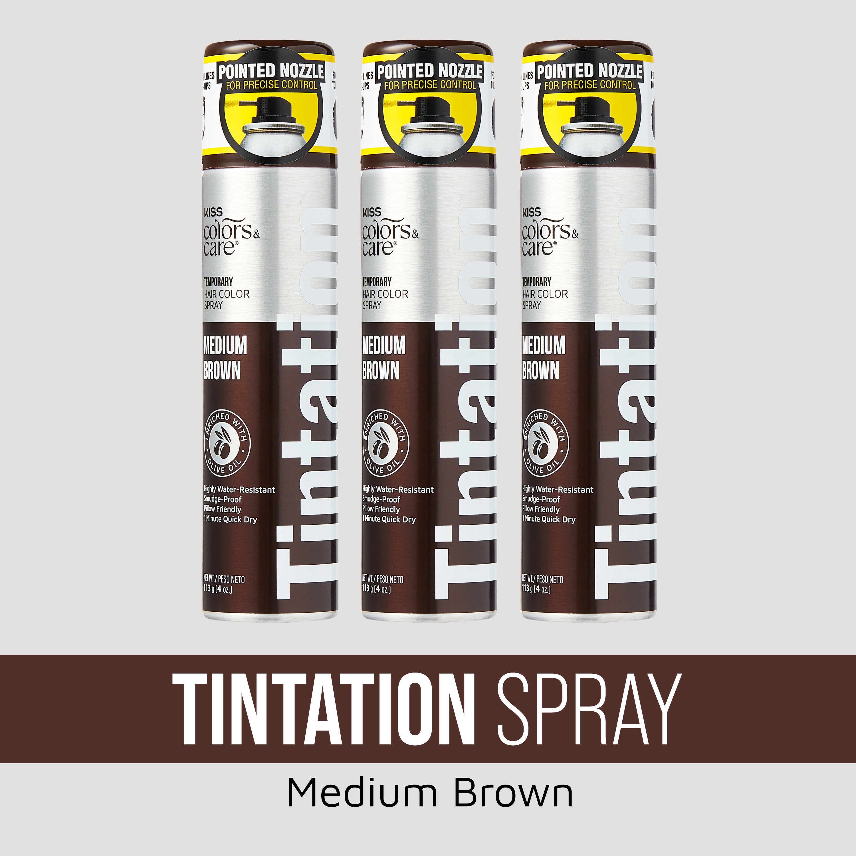 Three cans of KISS Colors & Care Tintation Spray in medium brown, featuring pointed nozzles for precise control and enriched with olive oil.