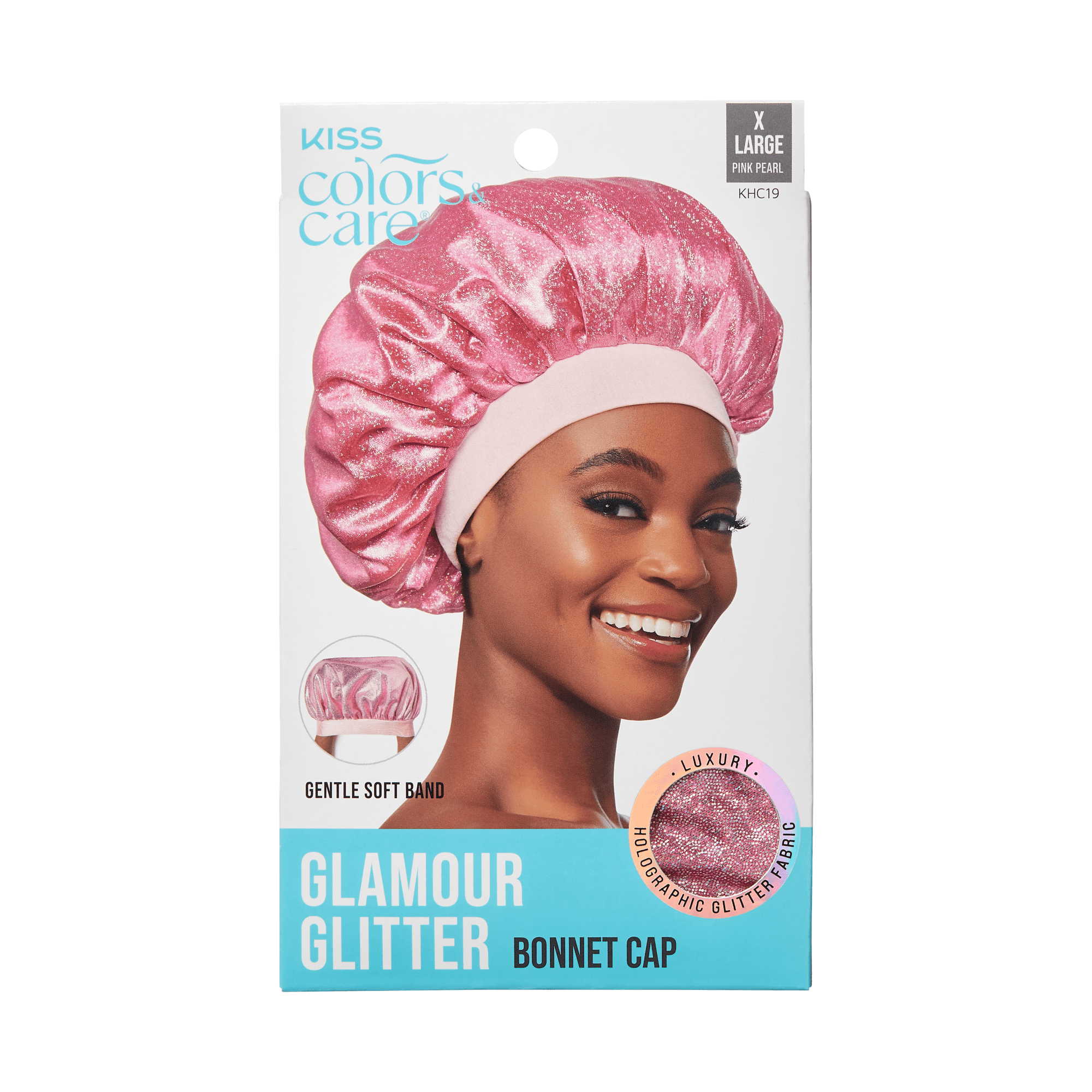Packaging for KISS Colors & Care Glamour Glitter Bonnet Cap in XL Pink Pearl, showing a smiling woman wearing a pink glittery bonnet with a soft band.