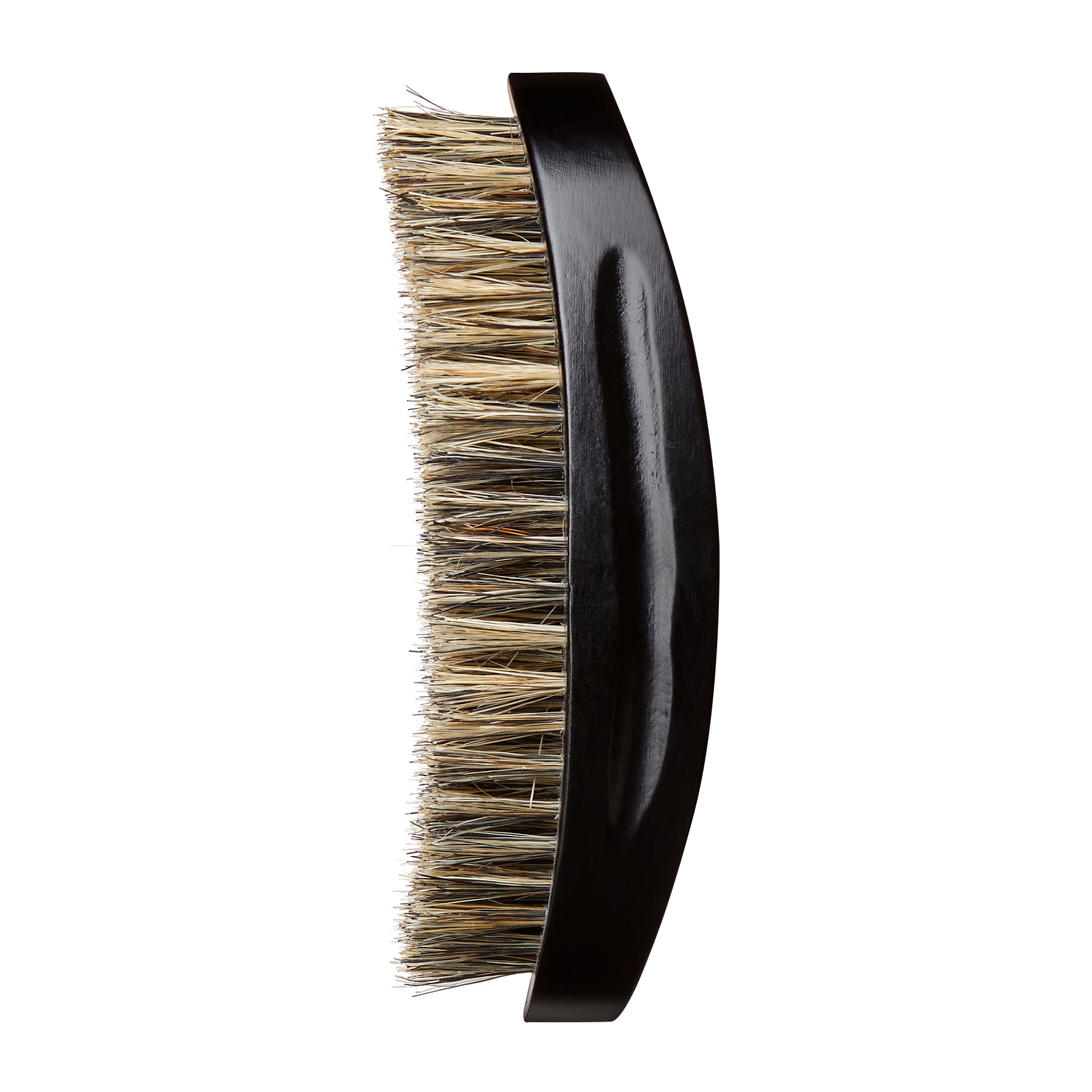 Side view of a Bow Wow X KISS Colors & Care Power Wave boar brush. A hand held brush with medium length, real boar bristles for smooth, shiny hair.