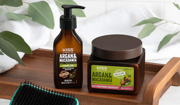 Argan and macadamia heat protectant hair oil and deeply nourishing hair masque from KISS Colors and Care