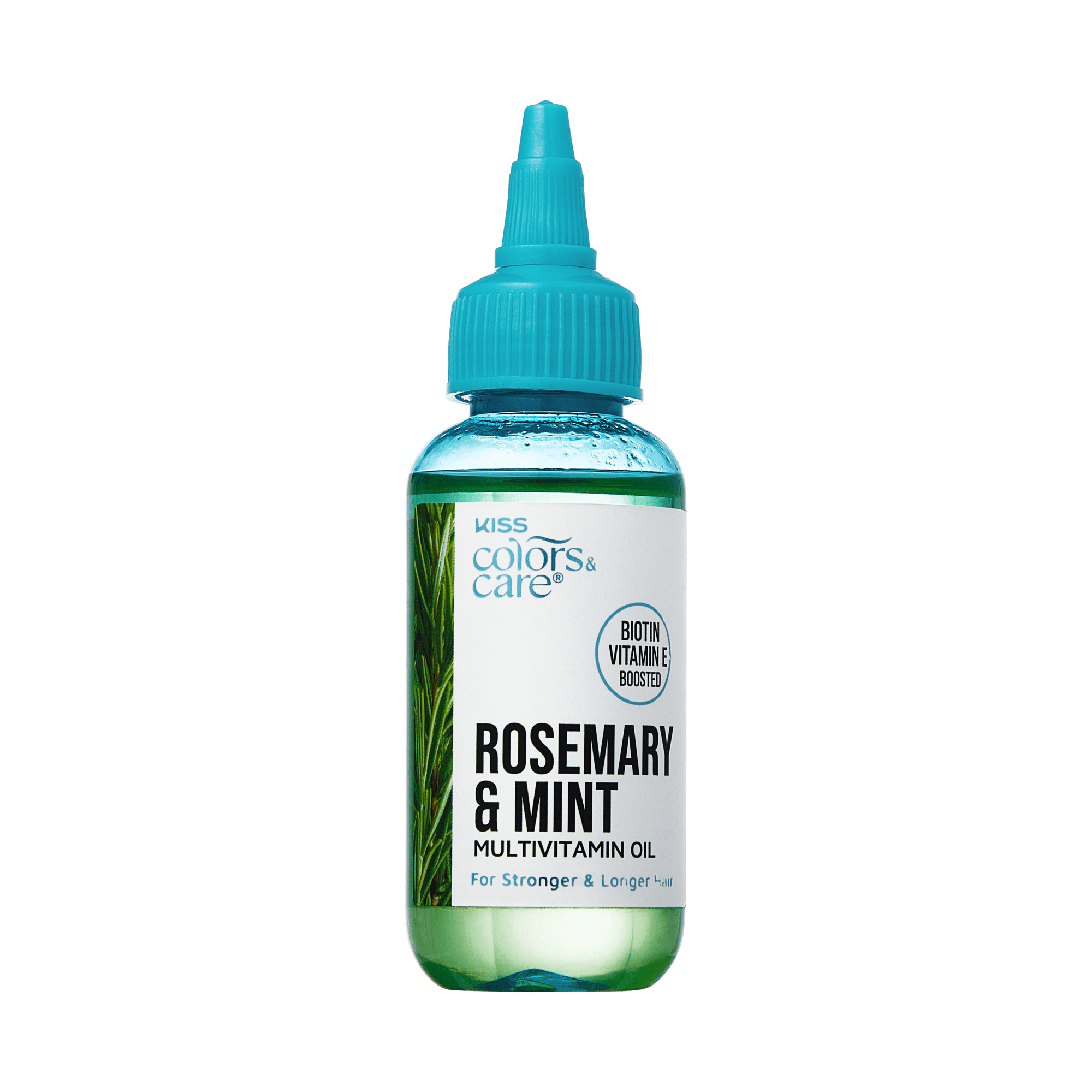 Clear plastic bottle with teal dropper cap containing green KISS Colors & Care Multivitamin Oil with rosemary & mint, labeled biotin and vitamin E boosted for stronger, longer hair.