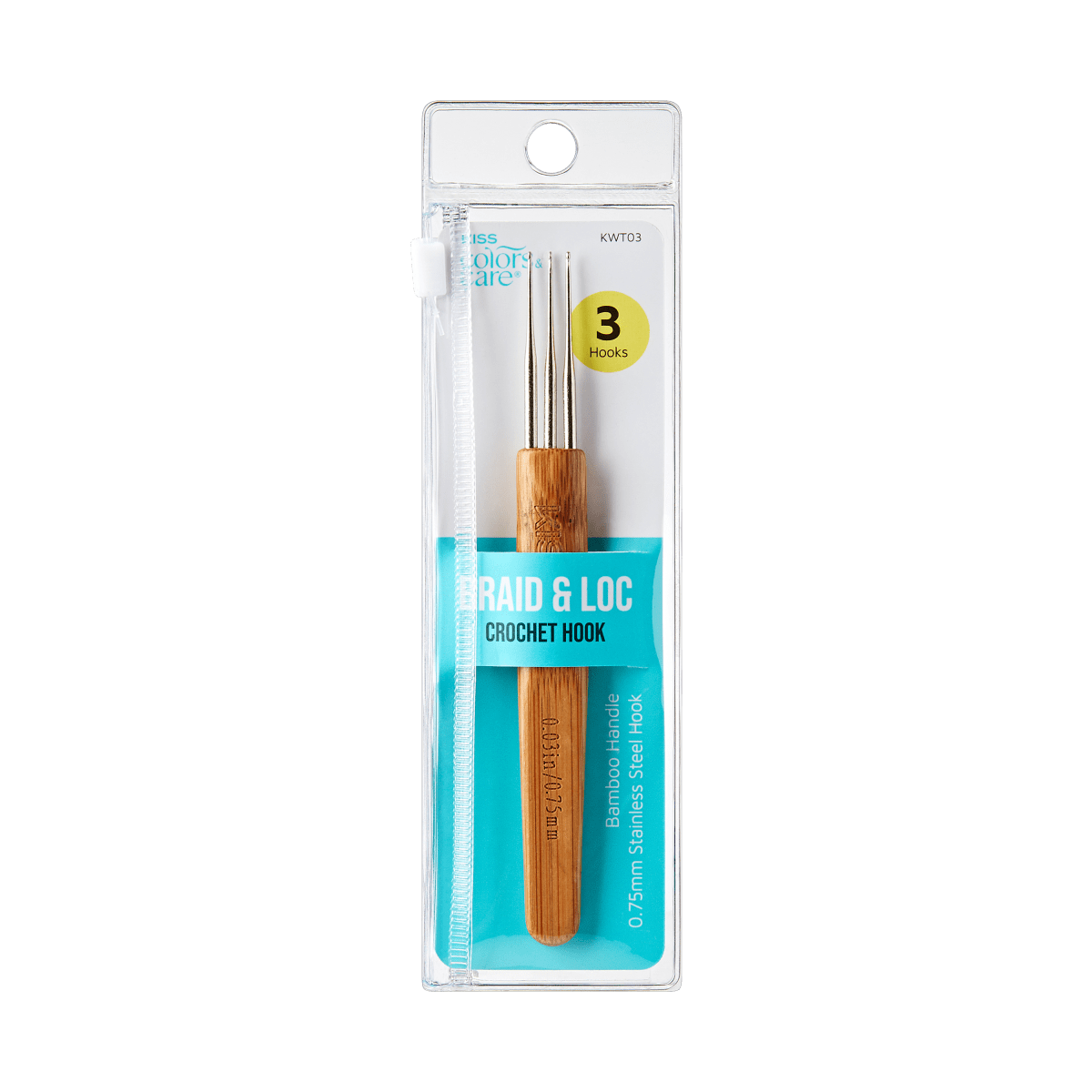 Packaging for the KISS Colors & Care Braid and Loc 3 hook Crochet Hook.