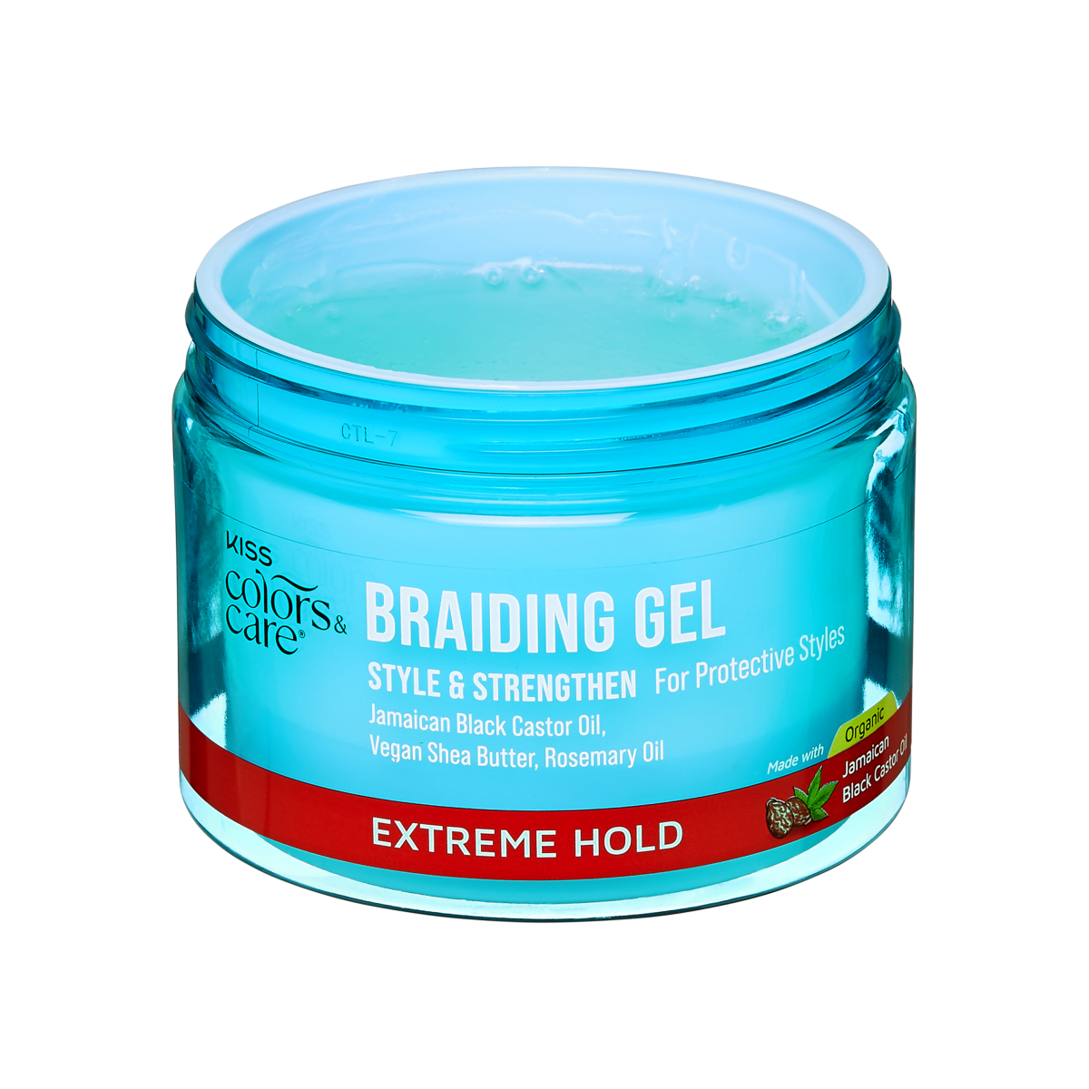 An open container of KISS Colors & Care Braiding Gel in Extreme Hold that offers styling and hair strengthening.