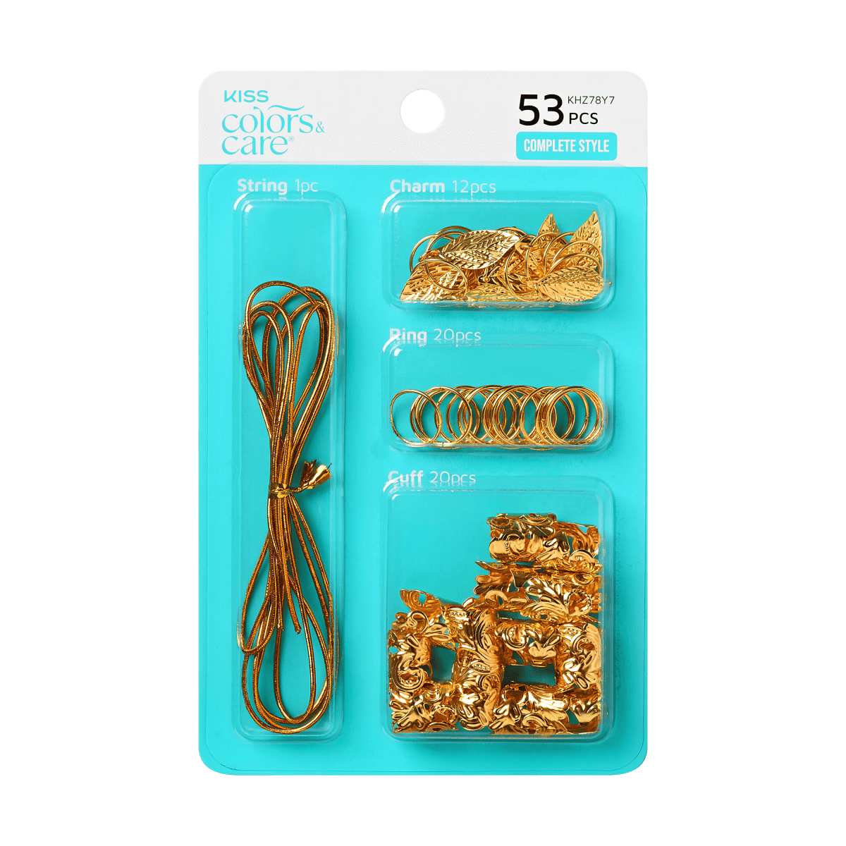 KISS Colors & Care Luxe Braid Charm Kit with 53 gold-tone pieces including string, leaf charms, rings, and decorative cuffs, in turquoise packaging.