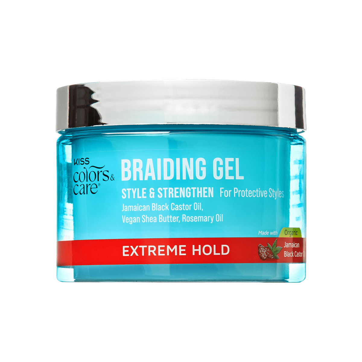 A container of KISS Colors & Care Extreme Hold Braiding Gel. Hair gel offers styling while strengthening hair.