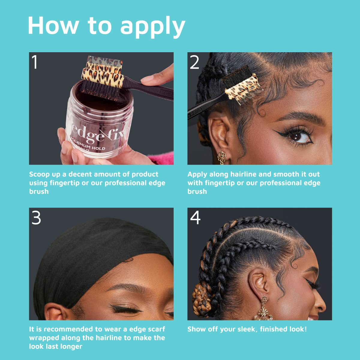 Step-by-step tutorial on applying KISS Colors & Care Edge Fixer with an edge brush, showing product use, smoothing edges, wearing a scarf, and finished sleek look.