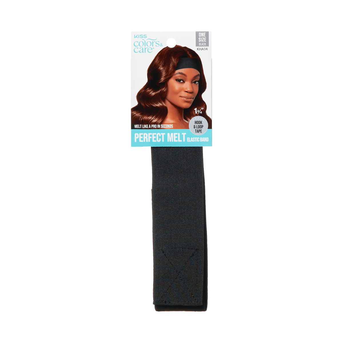Black elastic band with hook and loop tape, packaged with a label showing a woman wearing the band. Text: "Perfect Melt Elastic Band," "Melt like a pro in seconds," size 1 3/4".