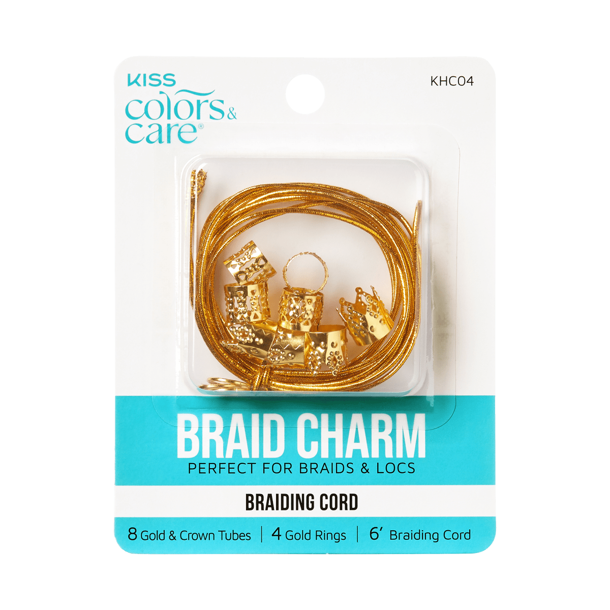 Packaging for gold hair braid charms from KISS Colors & Care.