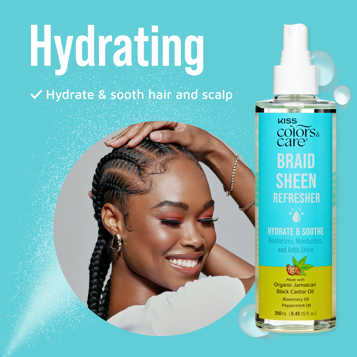 A woman with braids showing off the hydrating effects of Braid Sheen Refresher from KISS Colors and Care.