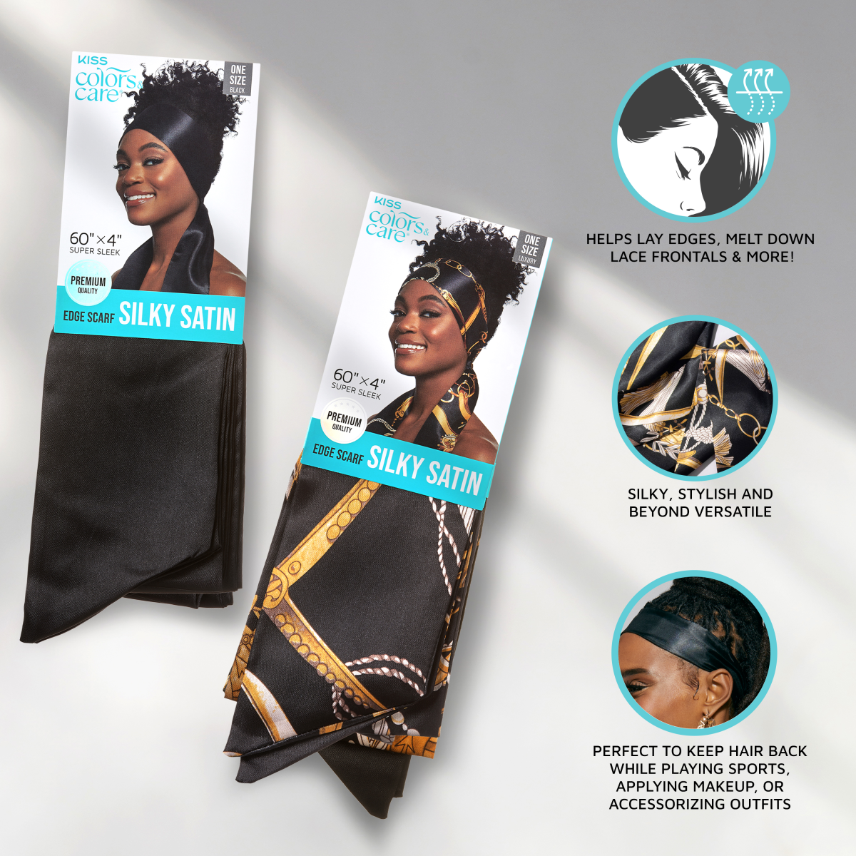Two KISS Colors & Care Silky Satin Edge Scarves displayed with packaging—one solid black, one black with gold chain print.