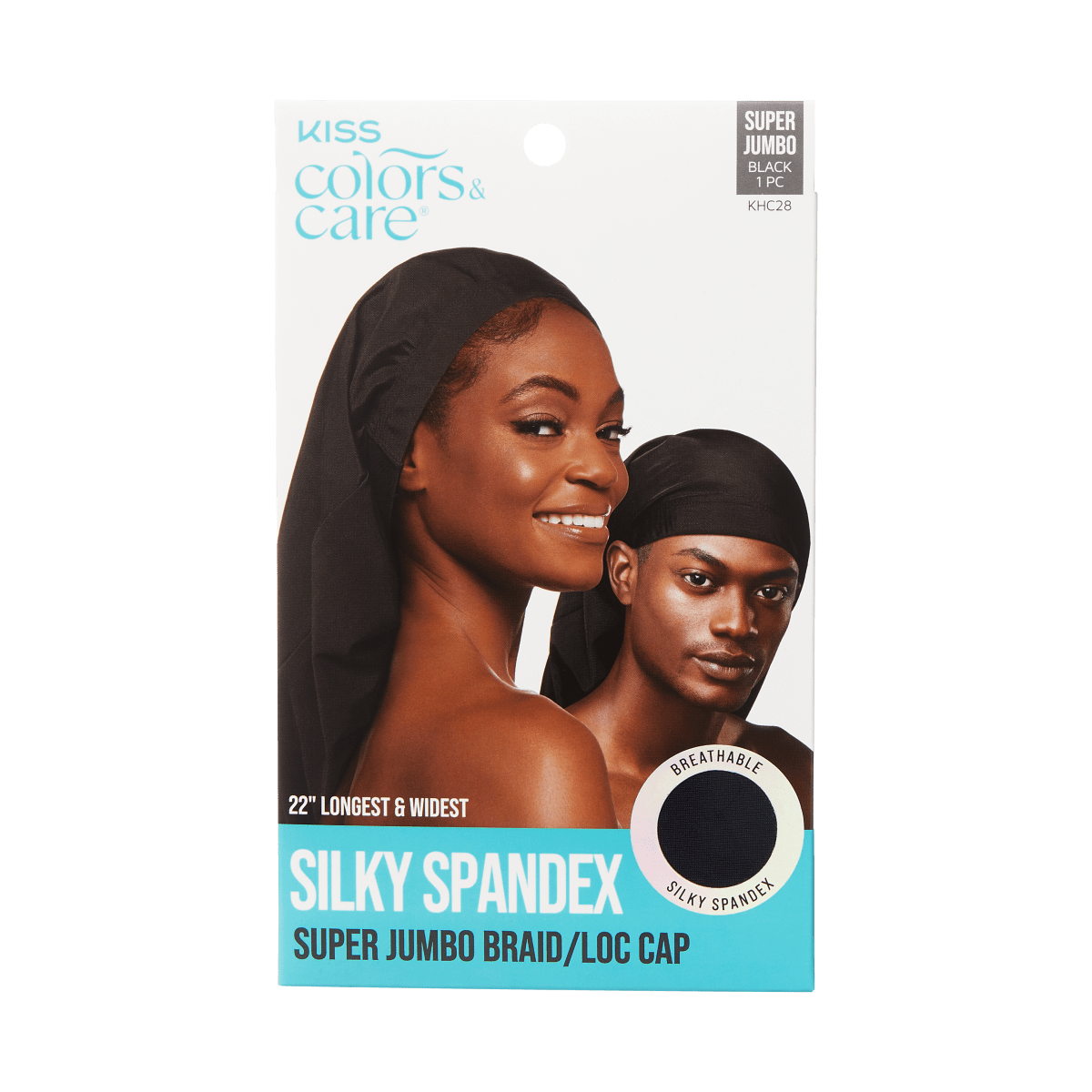 Packaging for an extra large black hair bonnet from KISS Colors & Care. The package shows a man and a woman each wearing their own bonnet to show off the versatility.