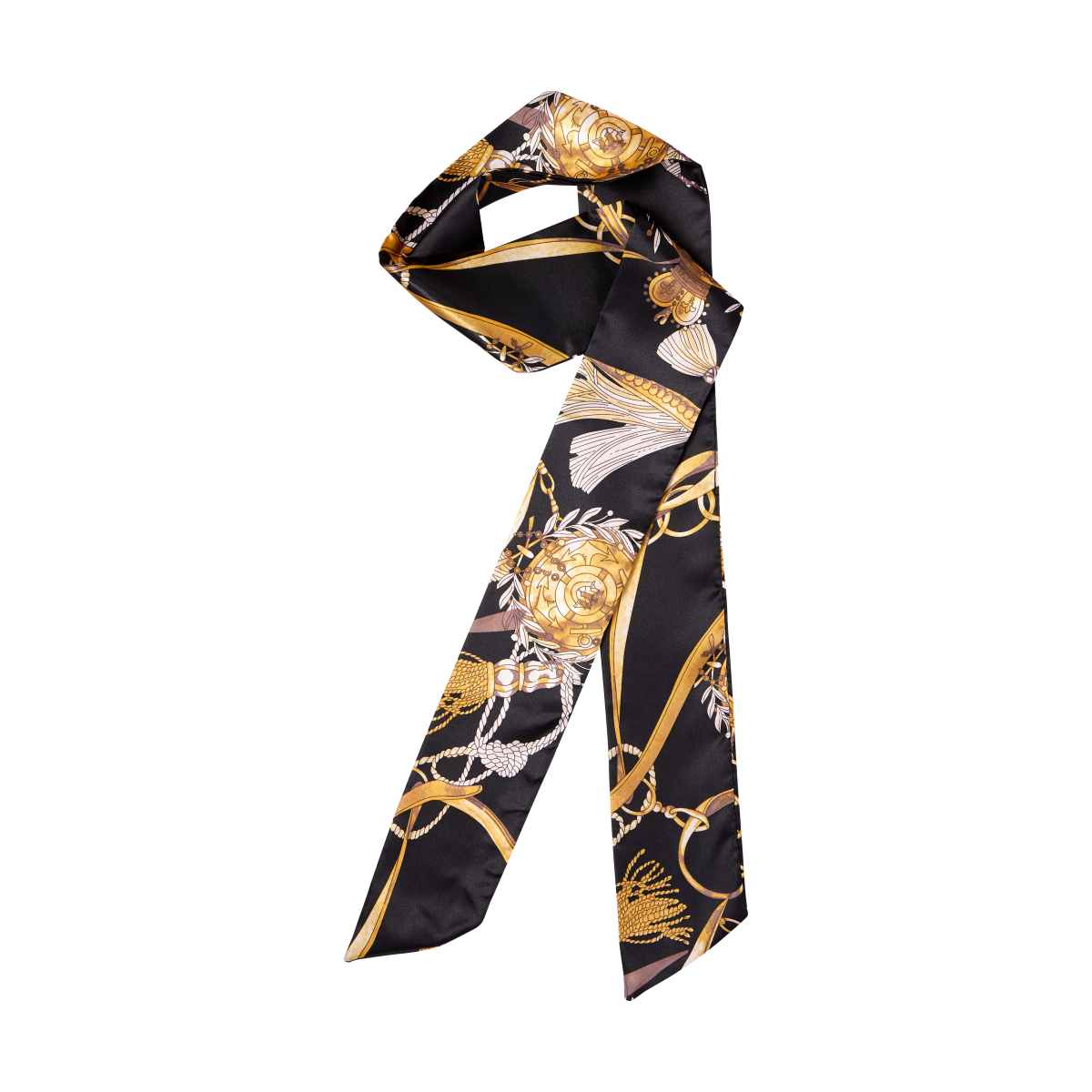 Black silky silk scarf with gold chain and tassel pattern, shown loosely folded against white background.
