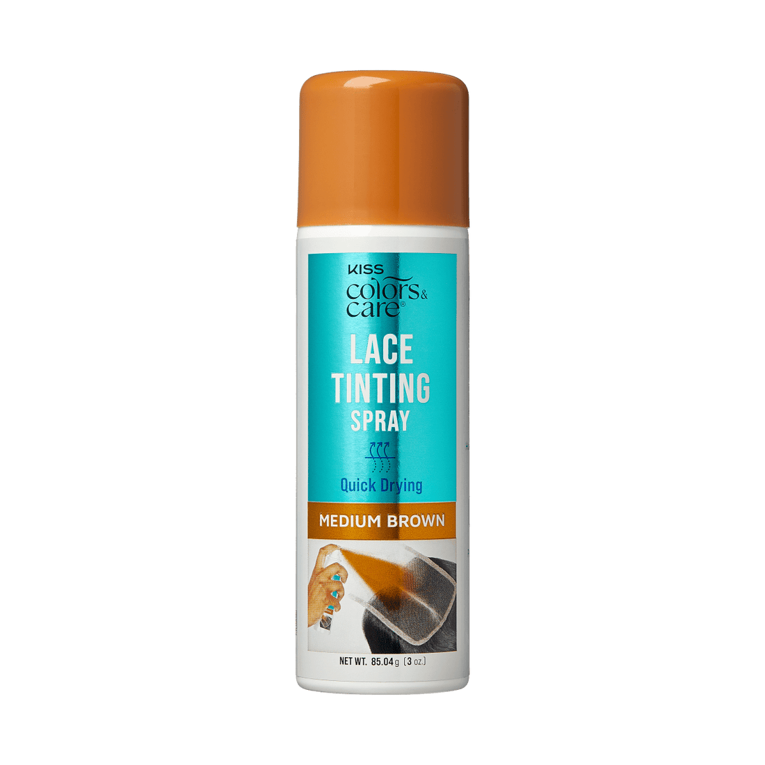 Bottle of KISS Colors & Care Quick Drying brown Lace Tinting Spray. How to tint your lace wig easily.