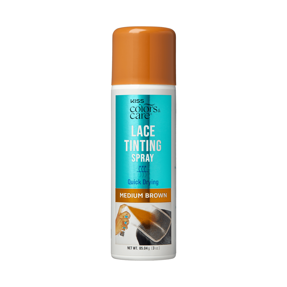 Bottle of KISS Colors & Care Quick Drying brown Lace Tinting Spray. How to tint your lace wig easily.