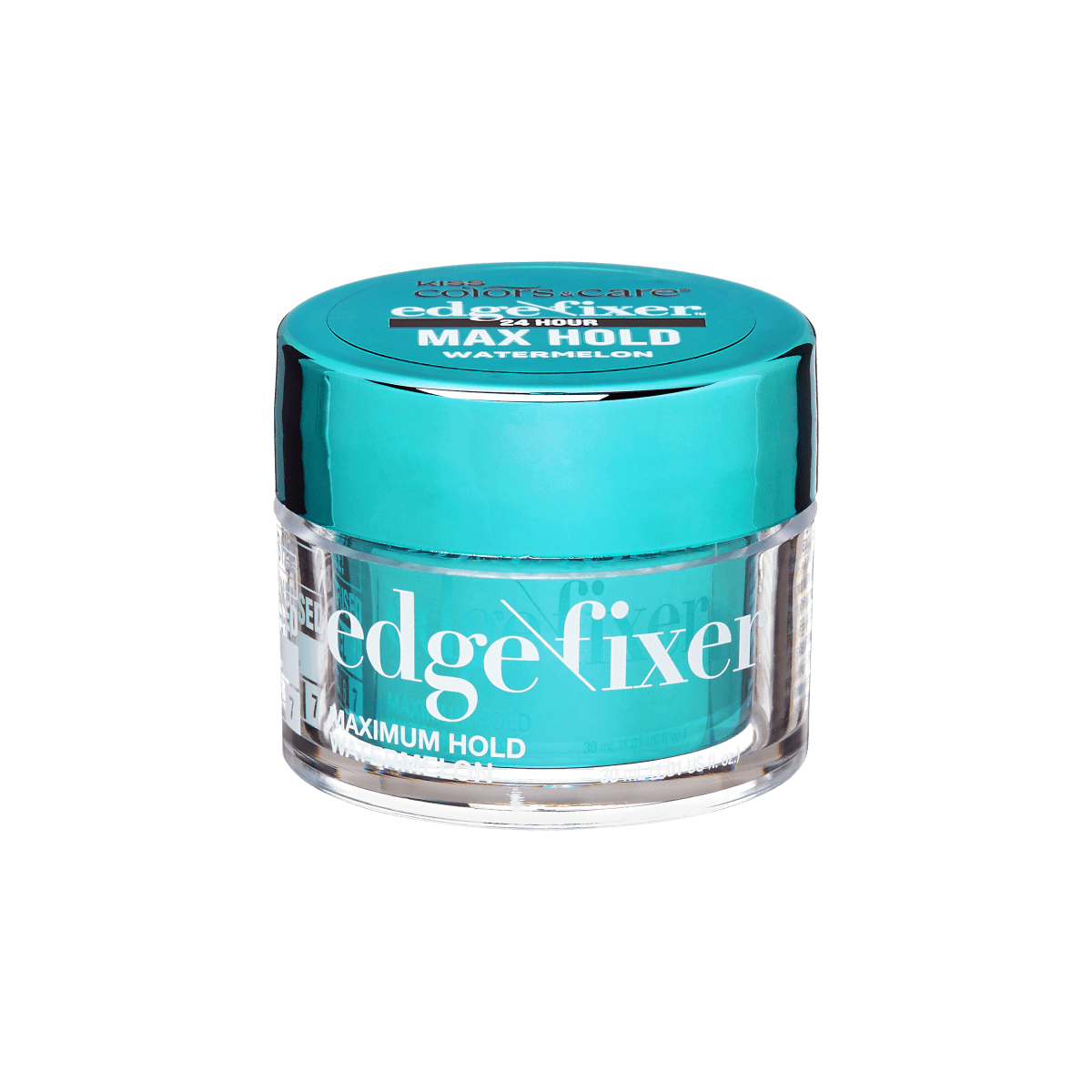 A container of KISS Colors & Care Edge Fixer in watermelon scent, with a blue lid and label indicating maximum hold for hair styling.