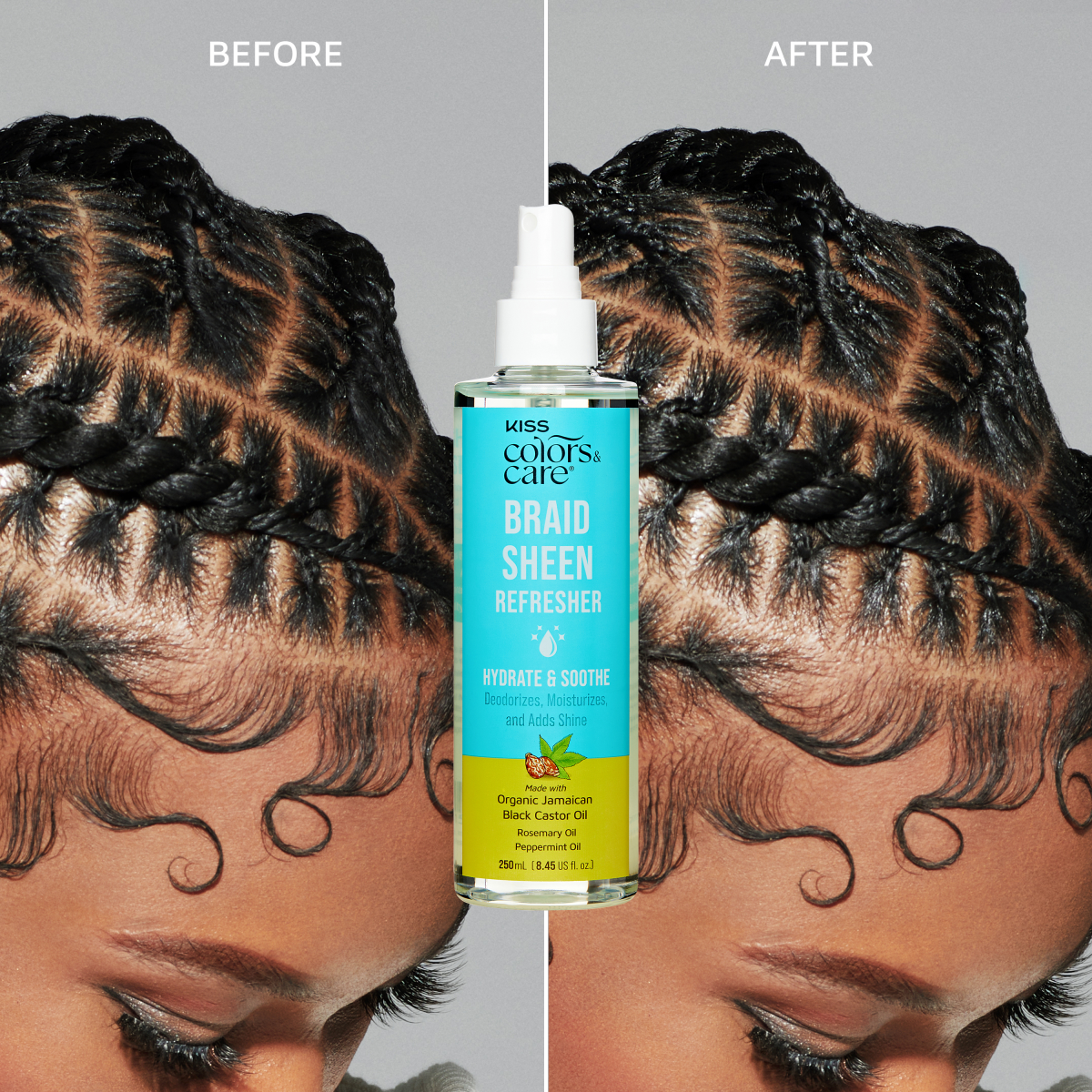 Before and after comparison showing the shiny results of using Braid Sheen Refresher from KISS Colors and Care.