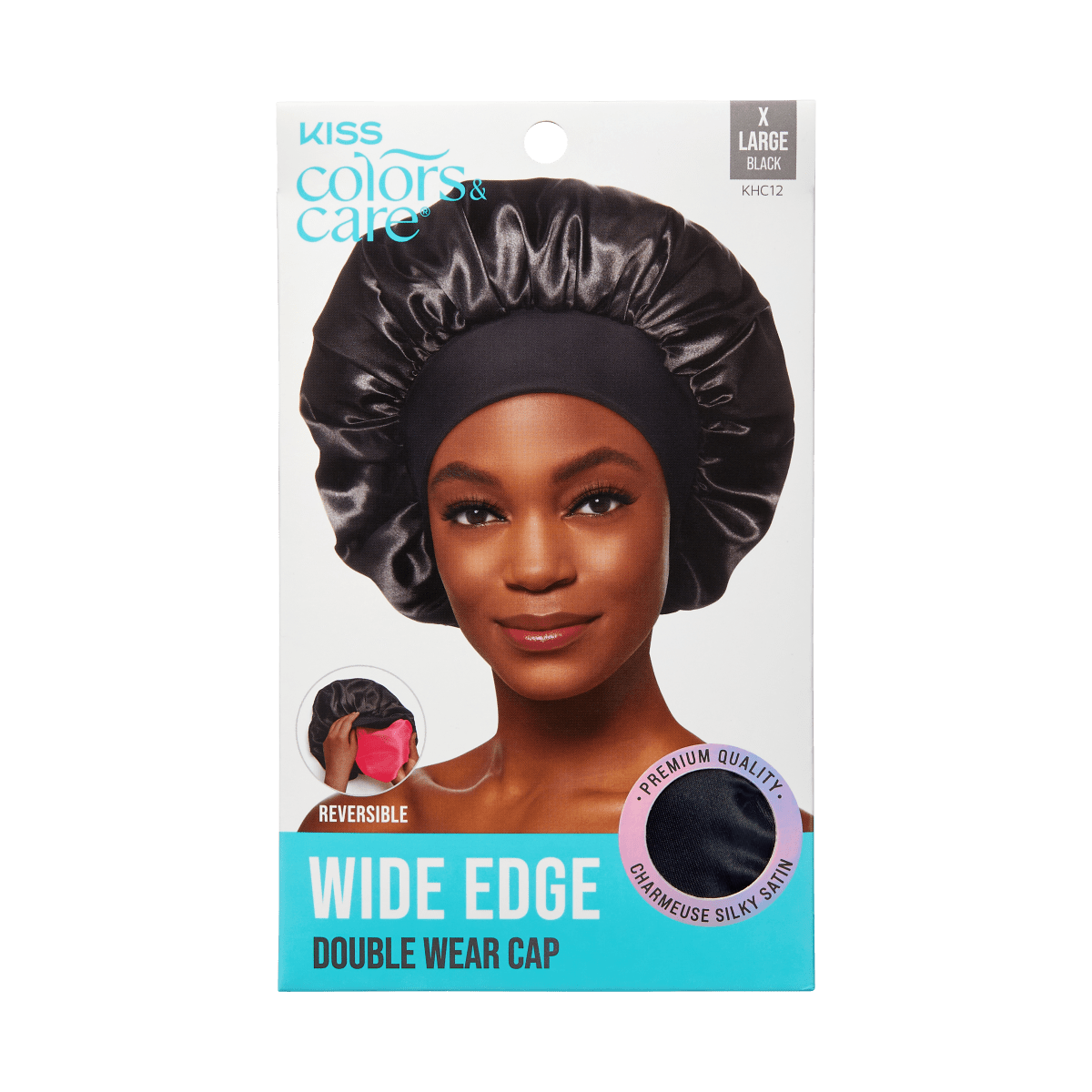 Black silky satin wide-edge double wear cap shown on a woman’s head, with packaging text highlighting it as reversible and premium quality charmeuse satin.