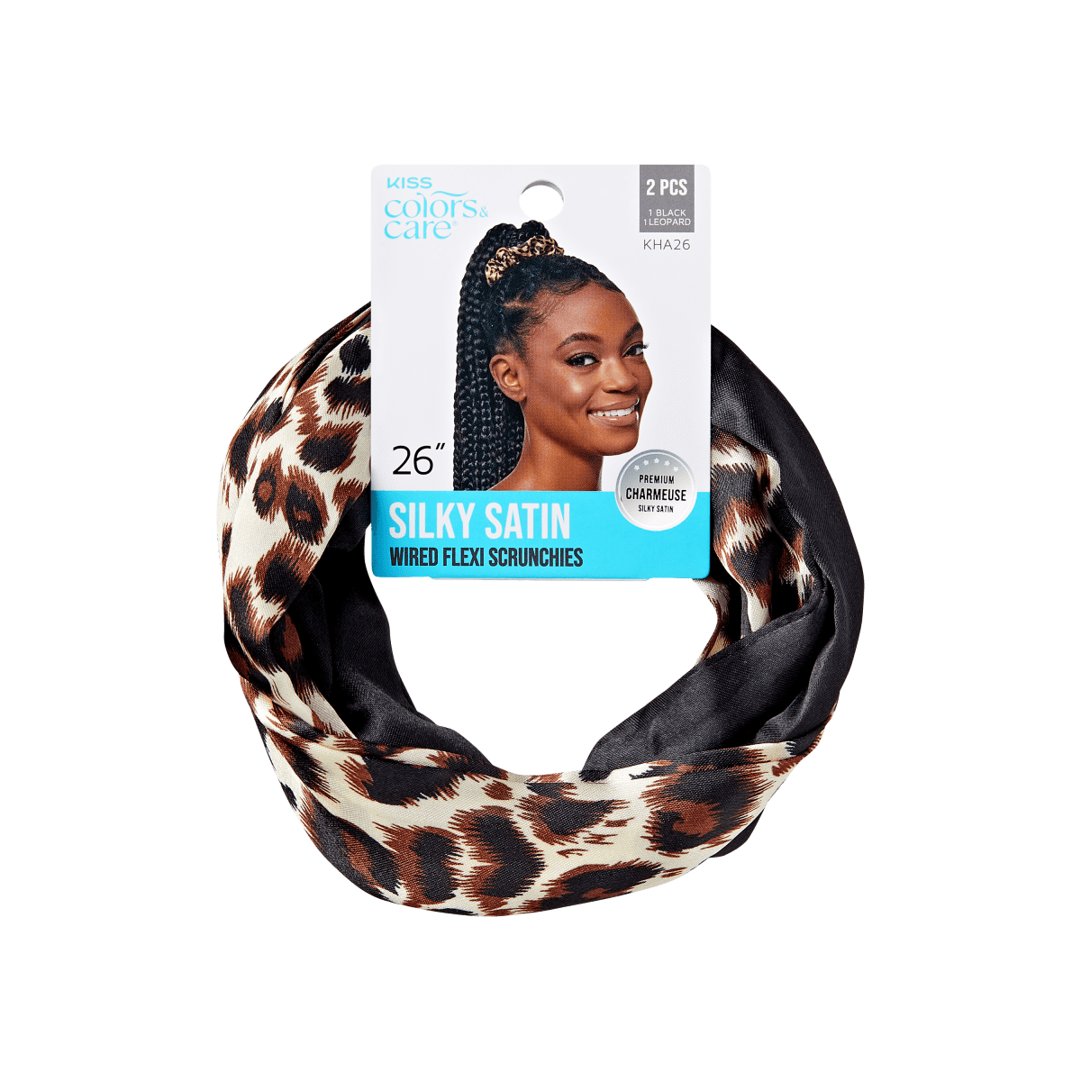 KISS Colors & Care Silky Satin Flex Wired Scrunchies – Black/Leopard