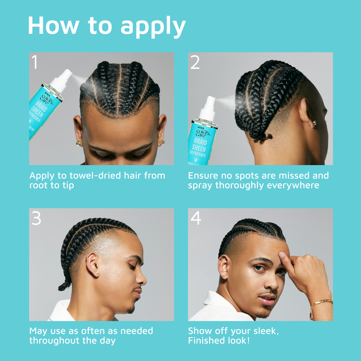Images displaying the 4 steps to utilizing Braid Sheen Refresher from KISS Colors and Care for ultimate shine.