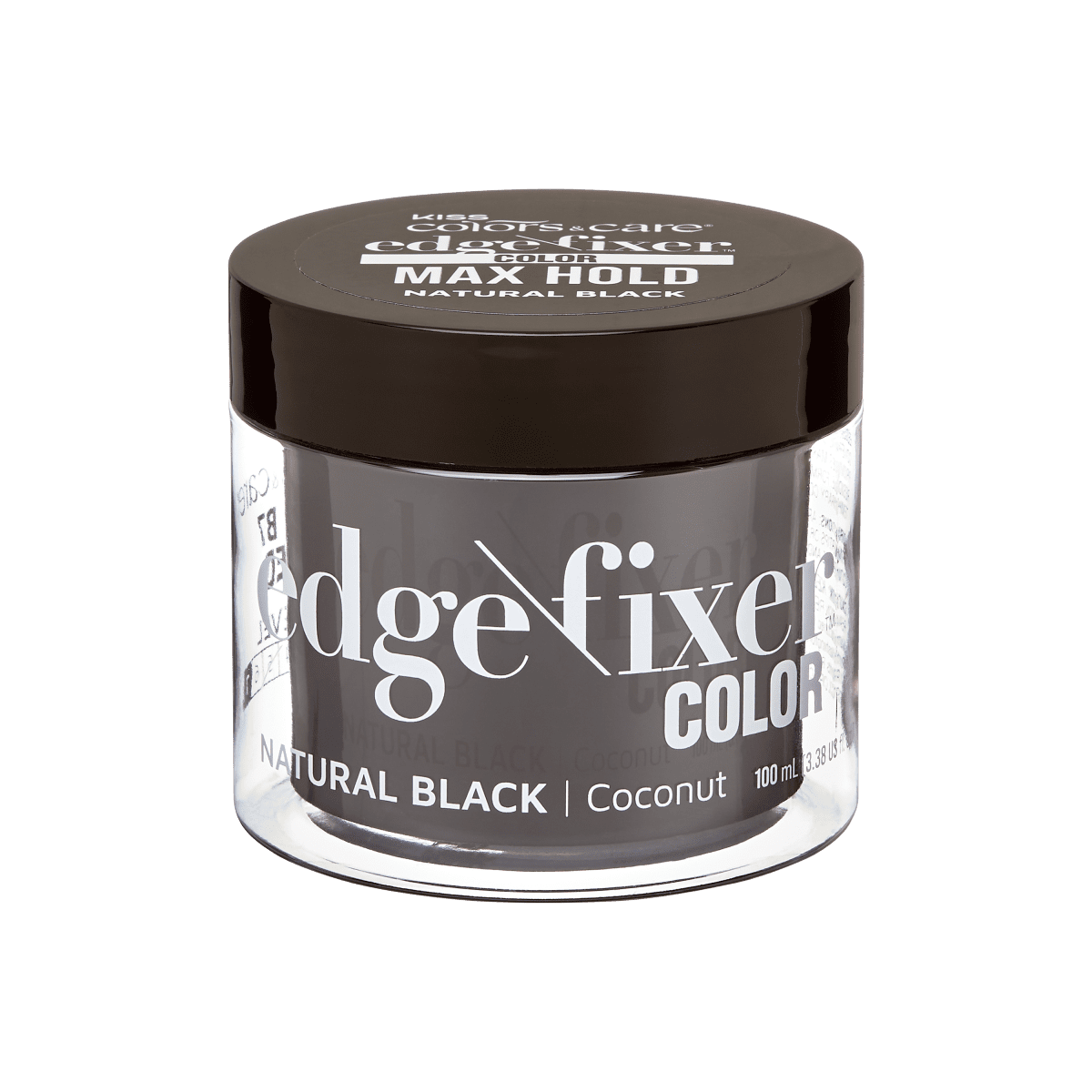Clear jar with dark brown lid containing natural black KISS Colors & Care Edge Fixer Color, 100 mL, labeled "Max Hold" and "Coconut."