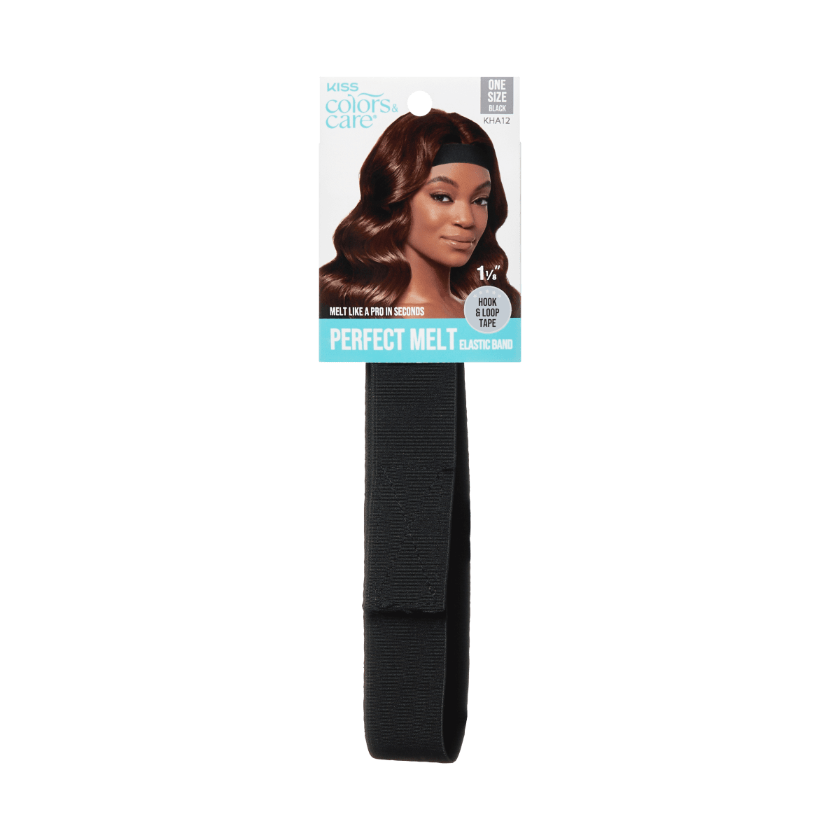 Black elastic hair band with hook and loop tape, shown on packaging featuring a woman wearing the band. Text: "Perfect Melt Elastic Band, Melt like a pro in seconds."