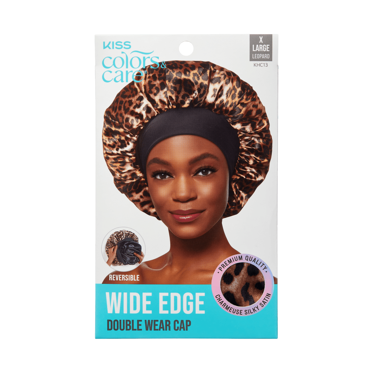 Woman wearing a leopard-print silky satin wide edge double wear cap, product packaging showing reversible design and premium quality satin material.