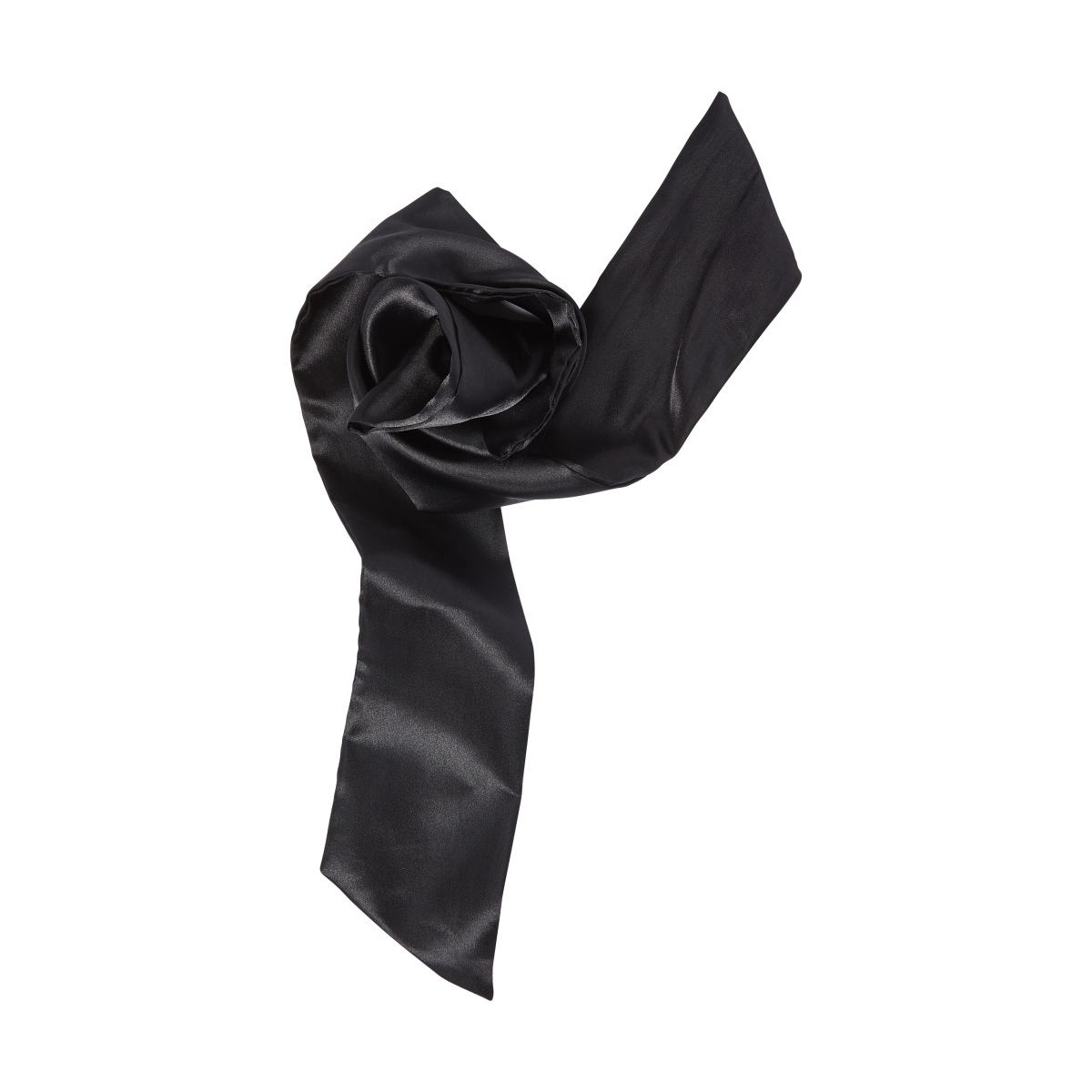 A black, Silky Satin Edge Scarf for hair from KISS Colors & Care rolled up, laying on its&