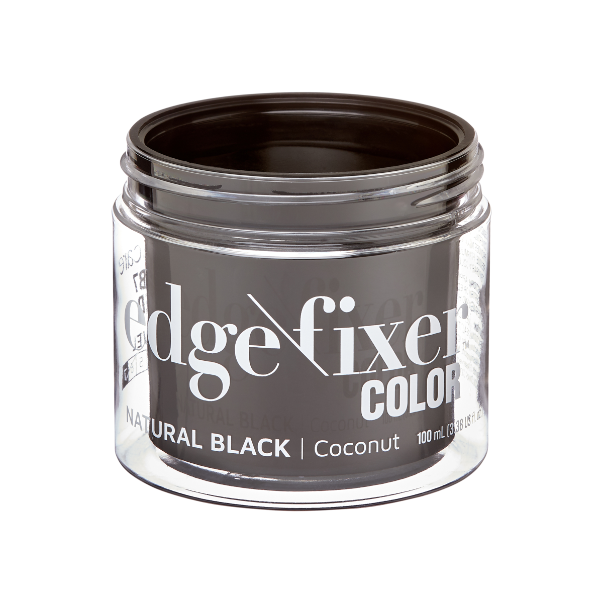 Clear round jar of KISS edge fixer color in natural black with coconut scent, holding 100 mL, with the lid removed.