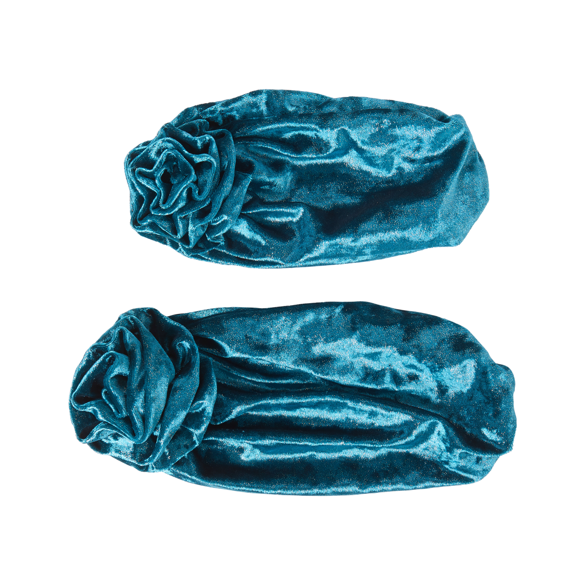 Blue velvet pre-tied top knot turbans set, one larger and one smaller, designed for mommy and child matching style.