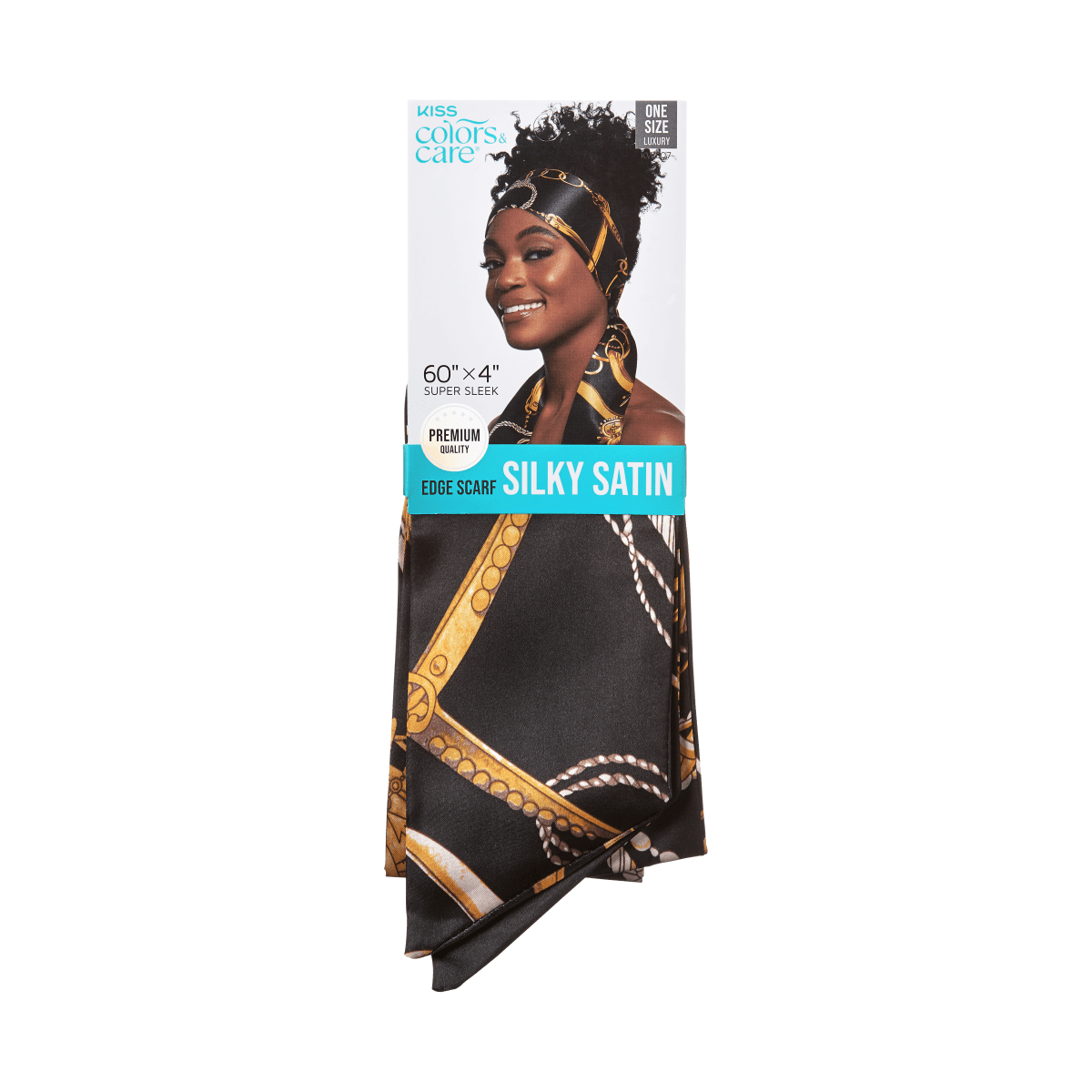 KISS Colors & Care silky satin edge scarf in black with gold chain pattern, shown on packaging with smiling woman wearing scarf as headwrap.