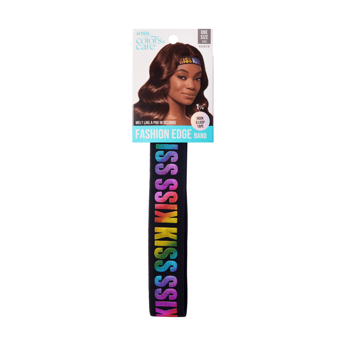 KISS Colors & Care Perfect Melt Elastic Band packaging with a model wearing the band on her head, black band with rainbow "KISS" text, 1 1/8" wide, hook & loop tape, fashion edge band.
