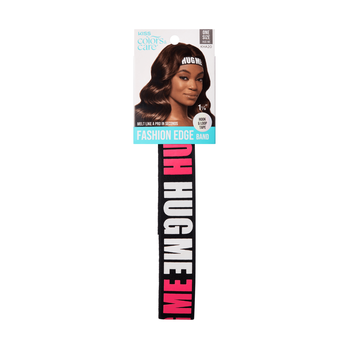 Black elastic hair band with bold pink and white "HUG ME" text, packaged with a photo of a woman wearing the band. Text highlights "Fashion Edge Band" and "Melt like a pro in seconds."