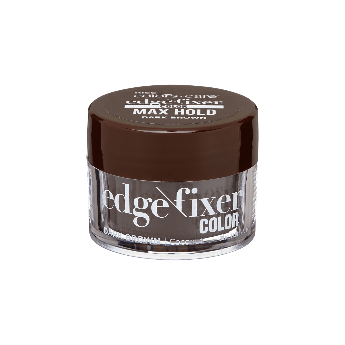Small round jar of KISS Colors & Care Edge Fixer Color in dark brown with a brown lid. Text highlights "Max Hold" and "Dark Brown."