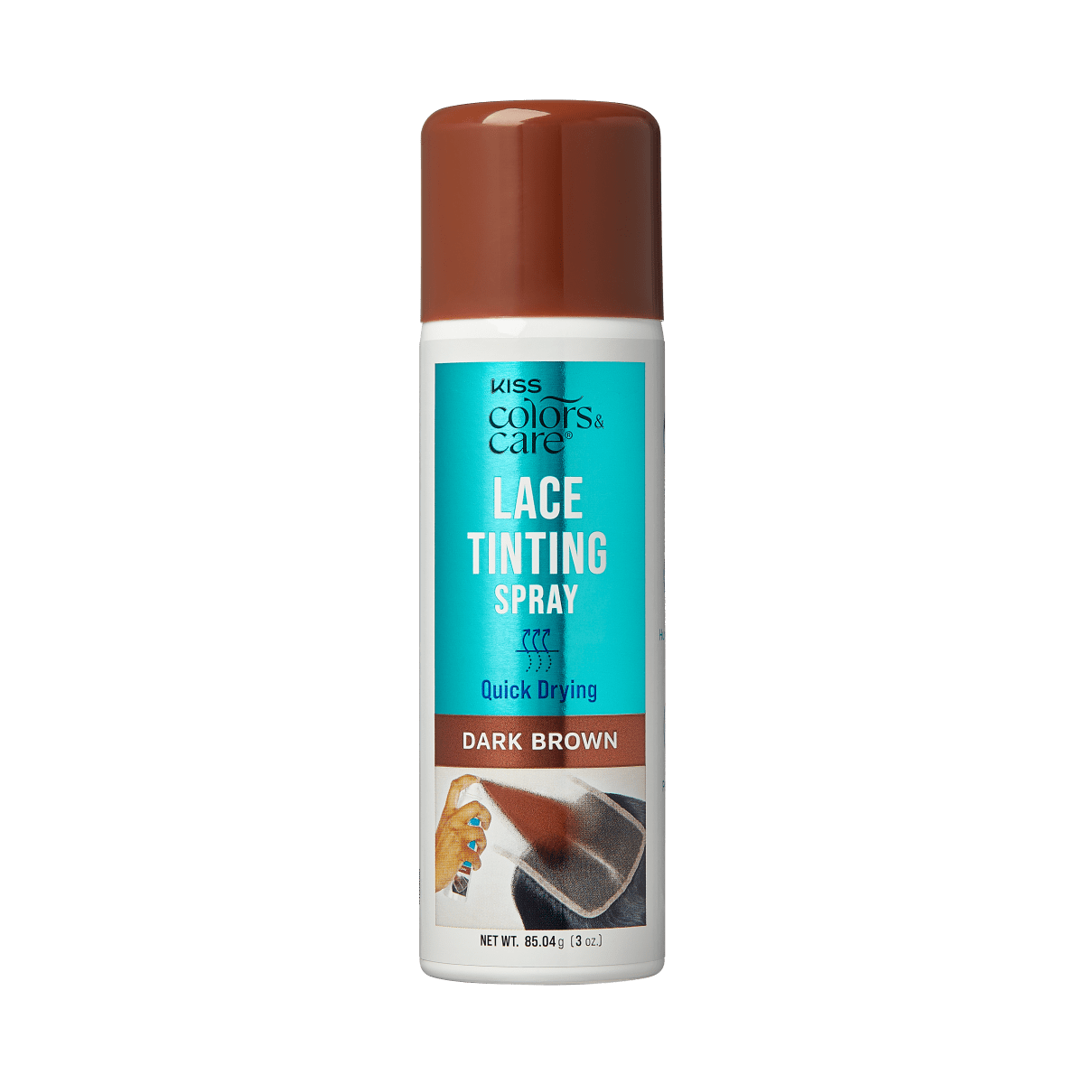 White spray can with a brown cap labeled "KISS Colors & Care Lace Tinting Spray," quick drying, dark brown, showing hand spraying lace wig.