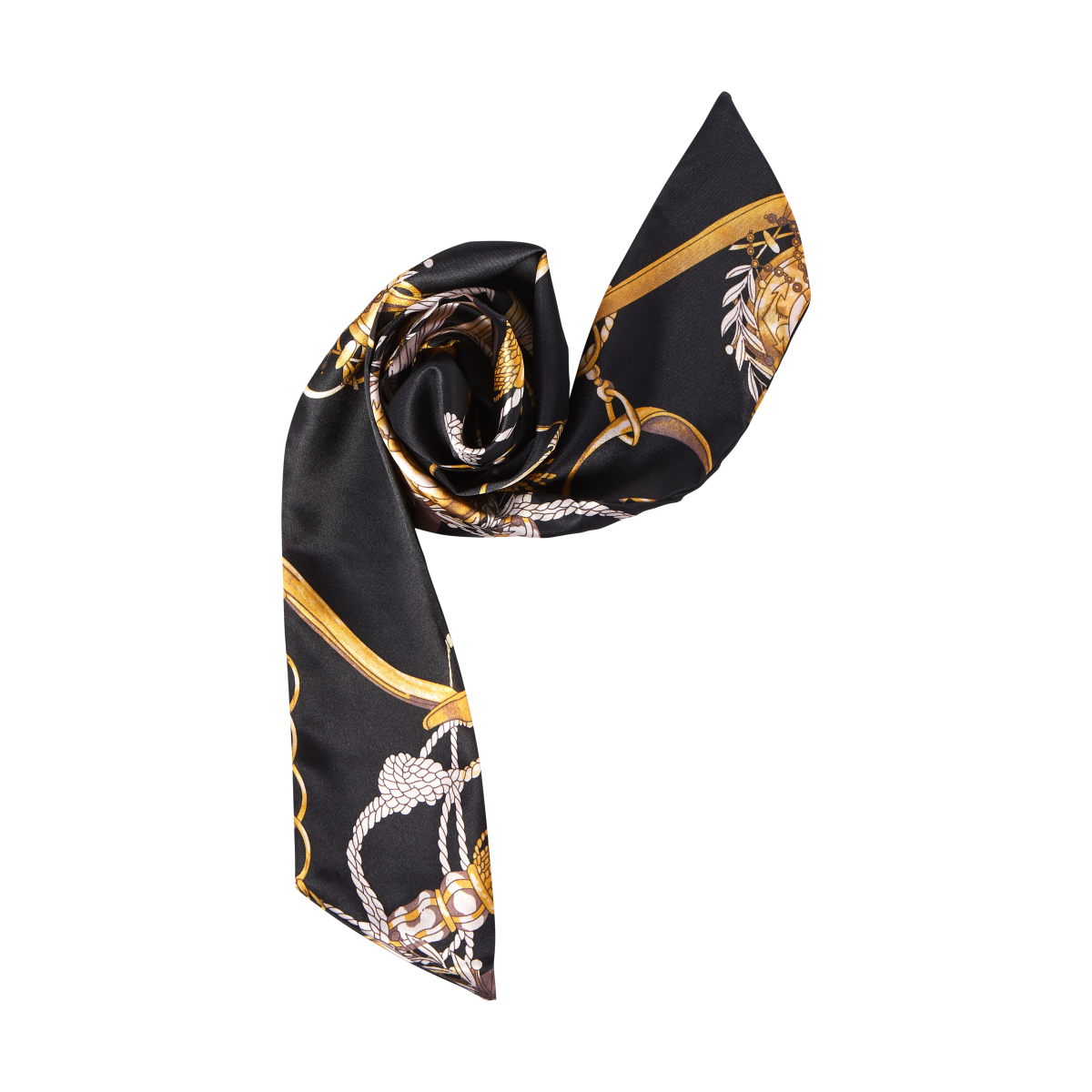 Black silky satin scarf with gold chain and rope print, elegantly rolled to showcase smooth texture and luxurious design.