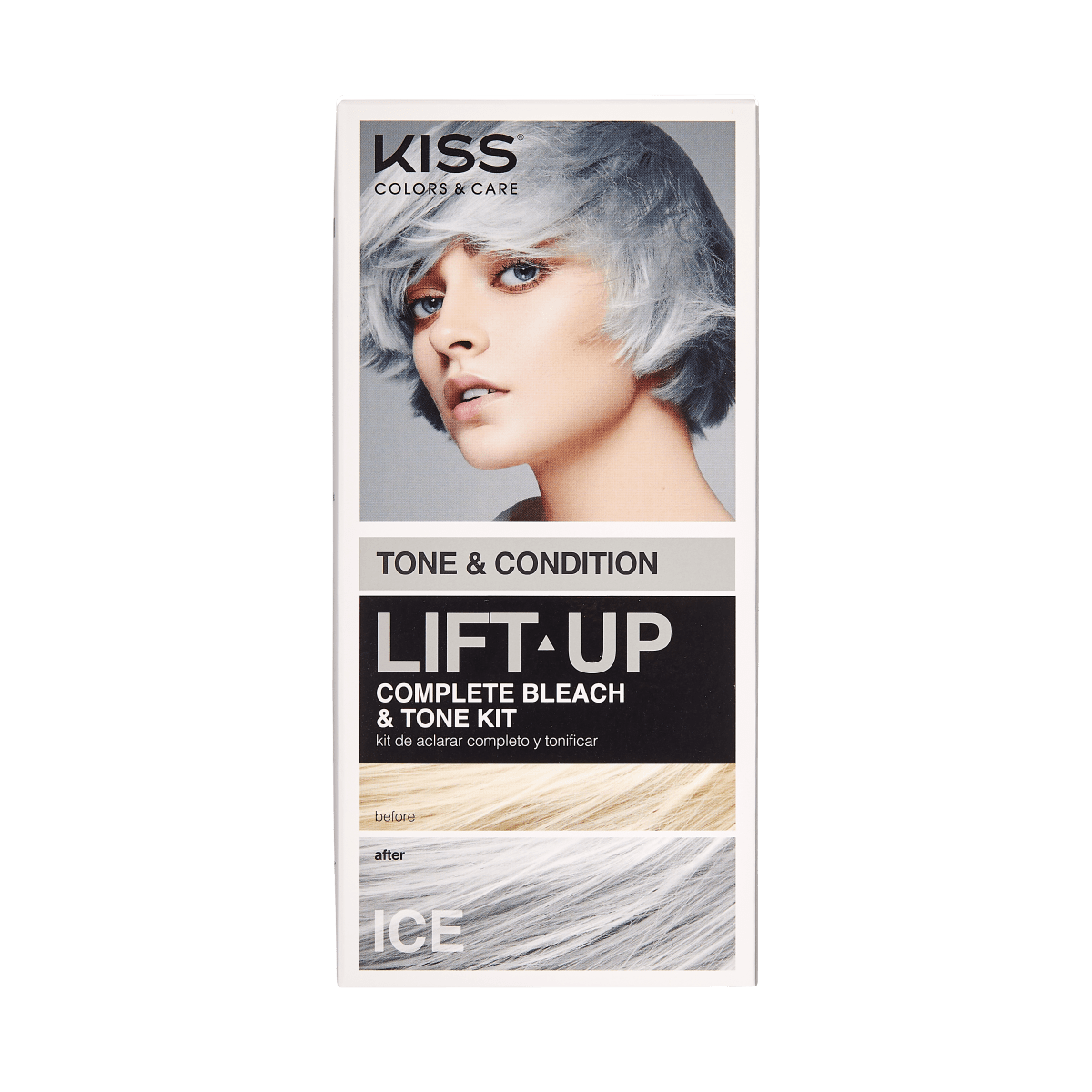 KISS Colors & Care hair bleach and tone kit packaging featuring a woman with short icy blonde hair, showing before and after hair color swatches labeled "Ice."