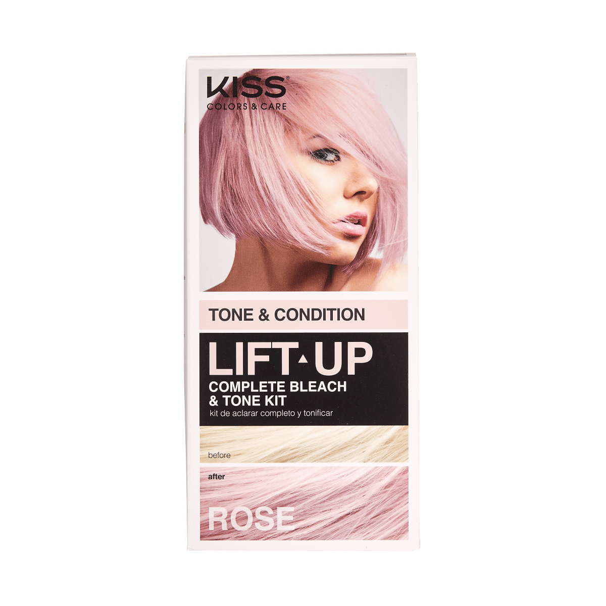 KISS Colors & Care Lift Up Complete Bleach & Tone Kit in Rose, packaging shows a woman with short rose-colored hair, "Tone & Condition" and before/after hair color swatches.