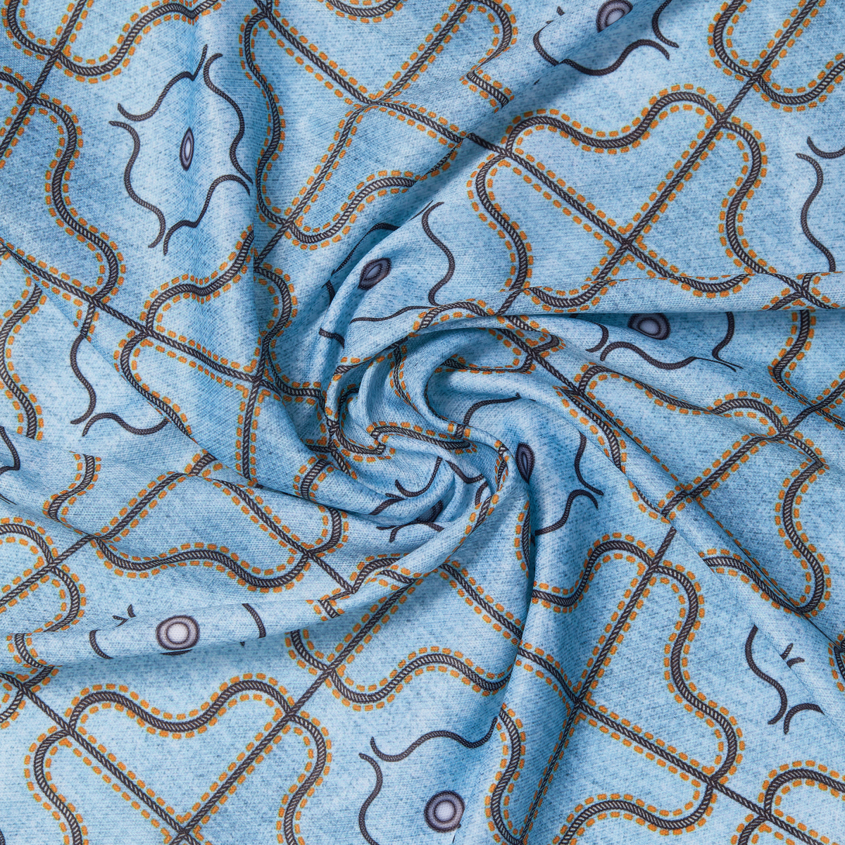 Light blue satin wrap scarf with an intricate pattern of orange and dark brown lines and shapes, displayed twisted to show texture and sheen.