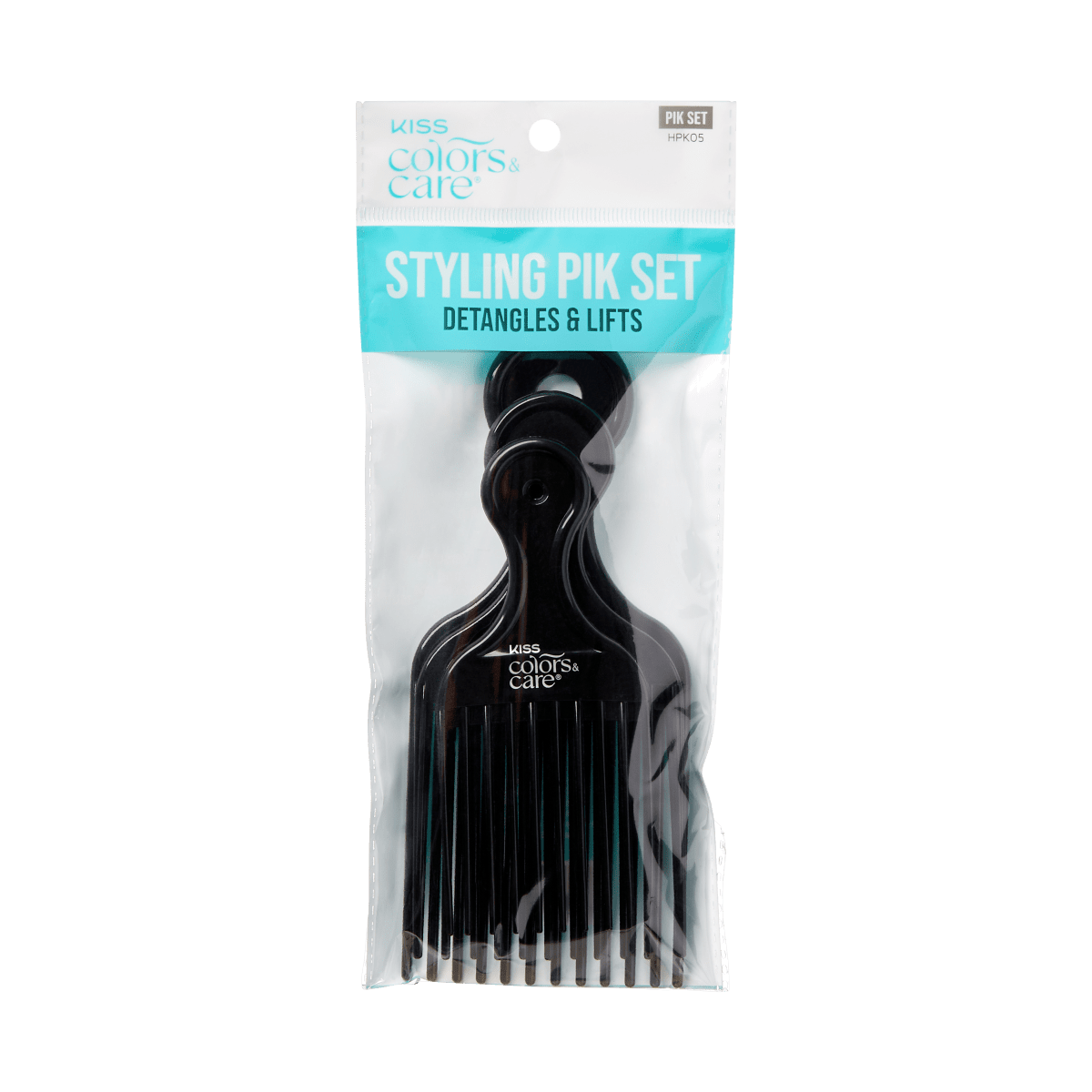 A packaged KISS Professional Styling Pick Set, containing 3 different sizes of black plastic picks for hair styling.