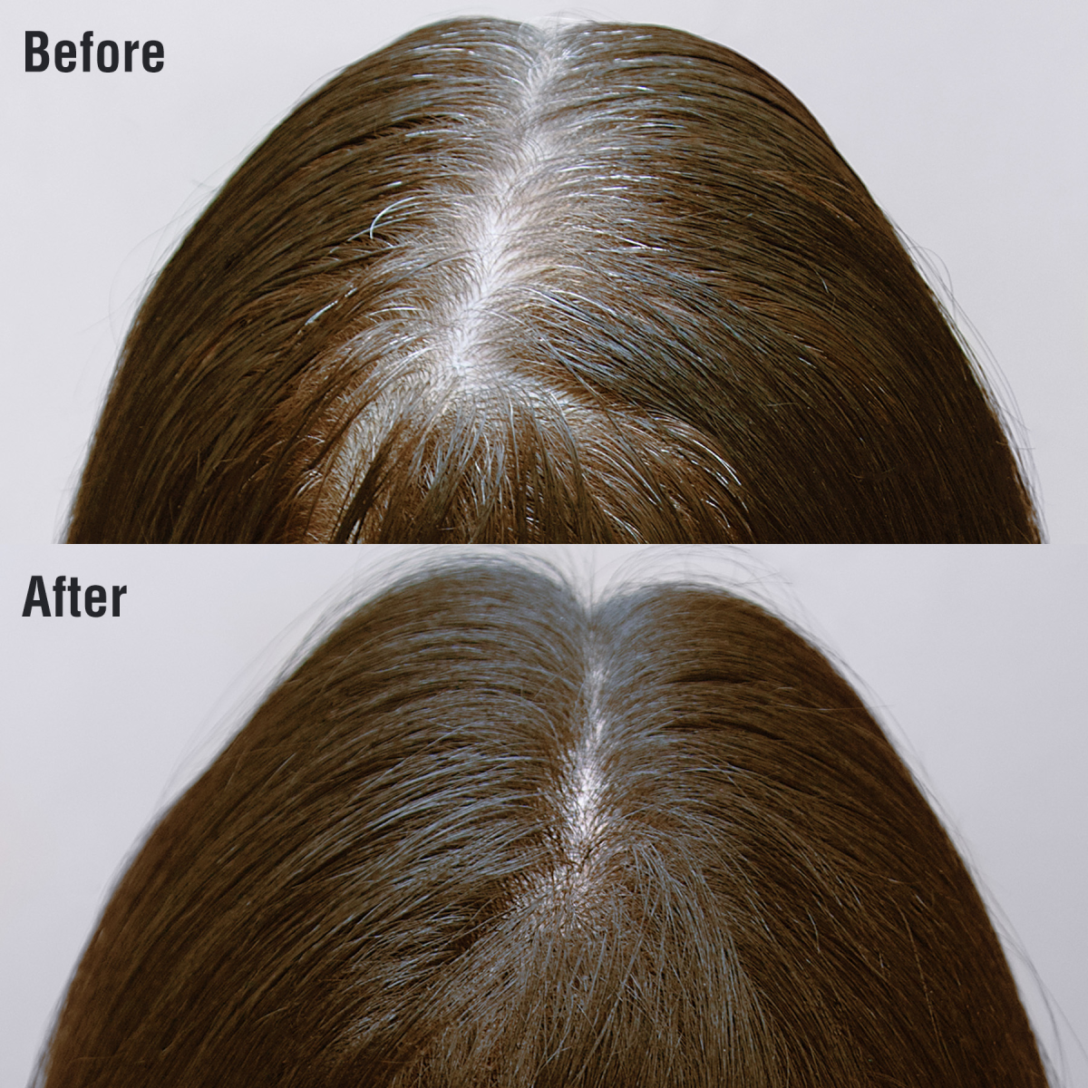 Top-down view of medium brown hair showing scalp with visible gray roots labeled "Before" and the same hair with gray roots concealed labeled "After."