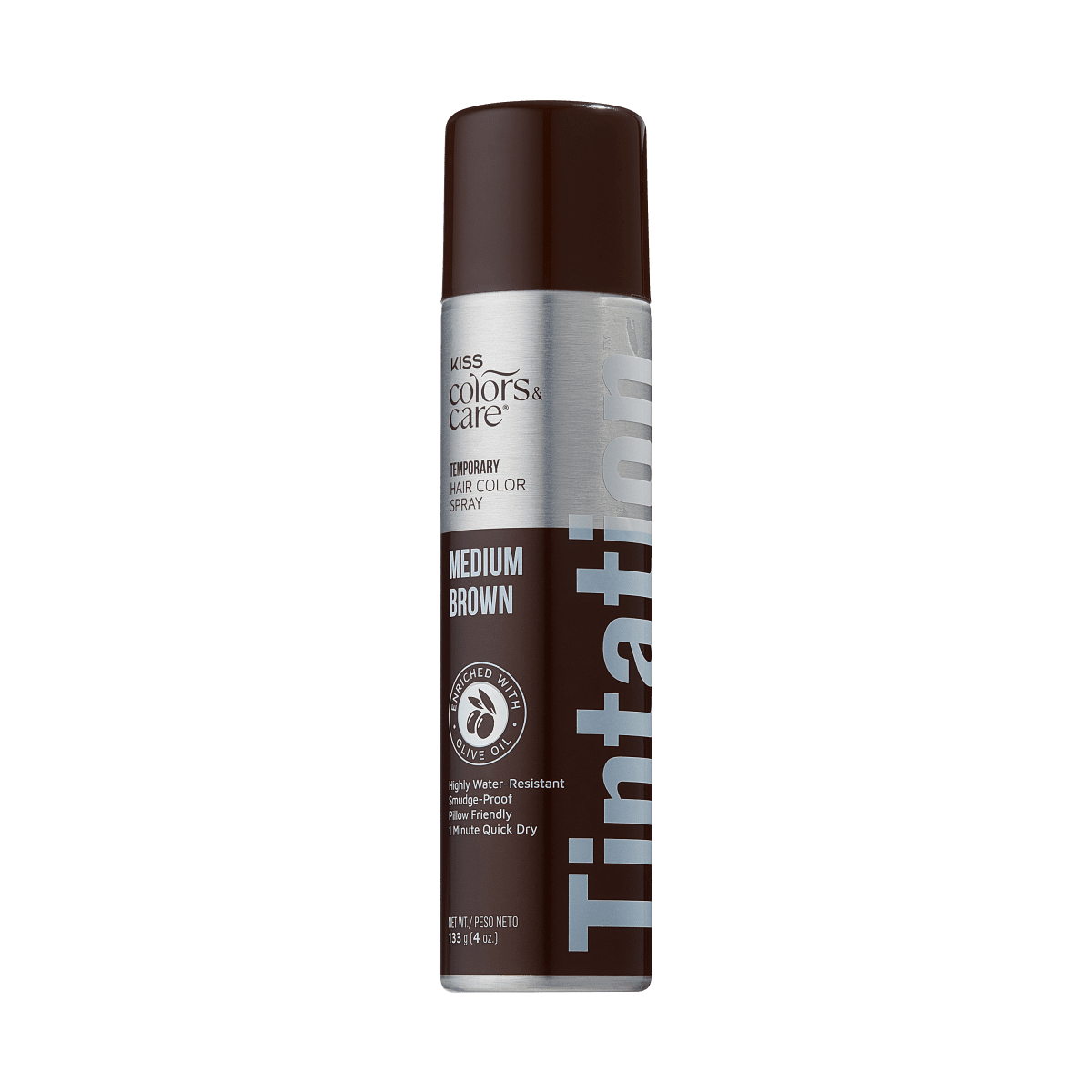 A can of KISS Colors & Care Tintation spray - a temporary hair color spray.