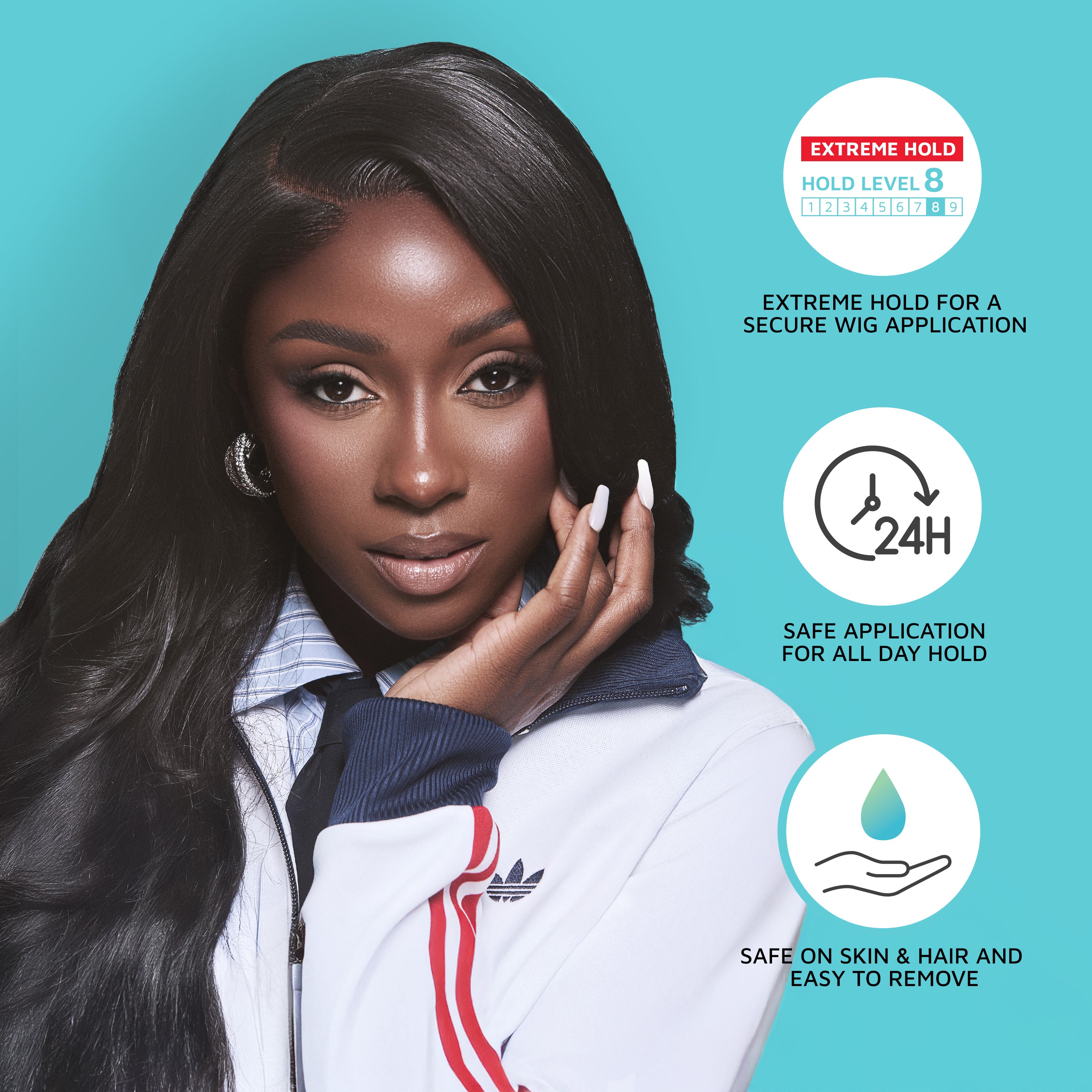 A woman with long black hair wearing a white and navy jacket against a blue background. Text highlights extreme hold for secure wig application, 24-hour safe hold, and safe on skin and hair with easy removal.