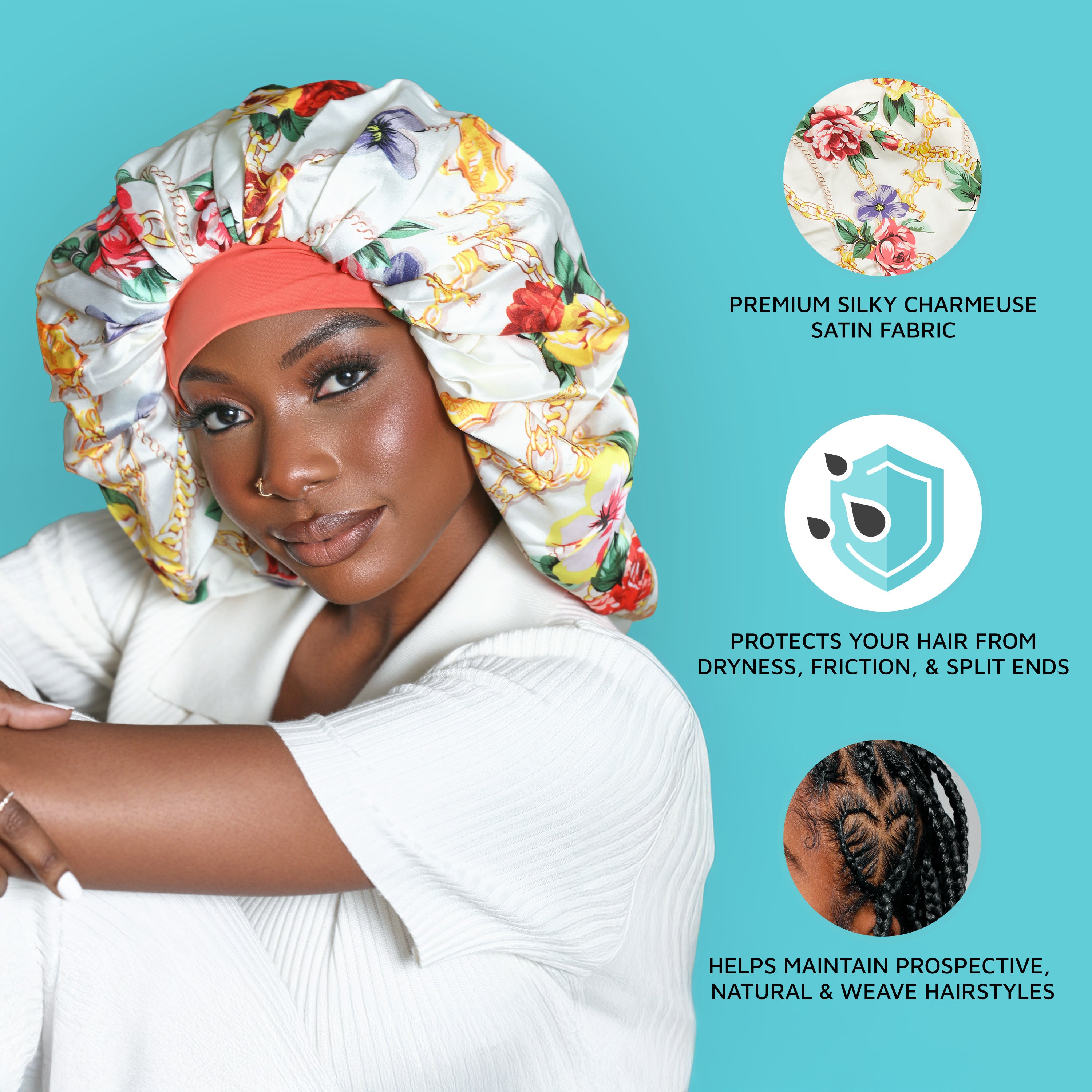 KISS Colors & Care Crepe Satin Reversible Hair Bonnet, Super Jumbo - Floral Design