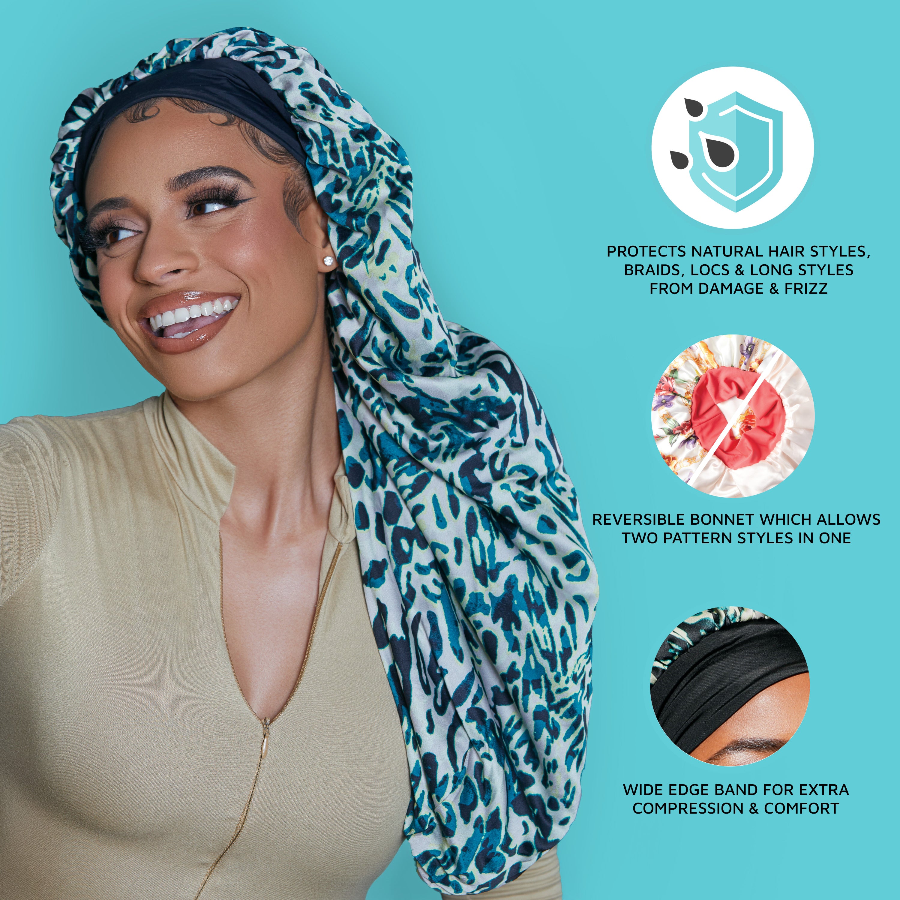 KISS Colors & Care Crepe Satin Reversible Hair Bonnet, Super Jumbo - Floral Design